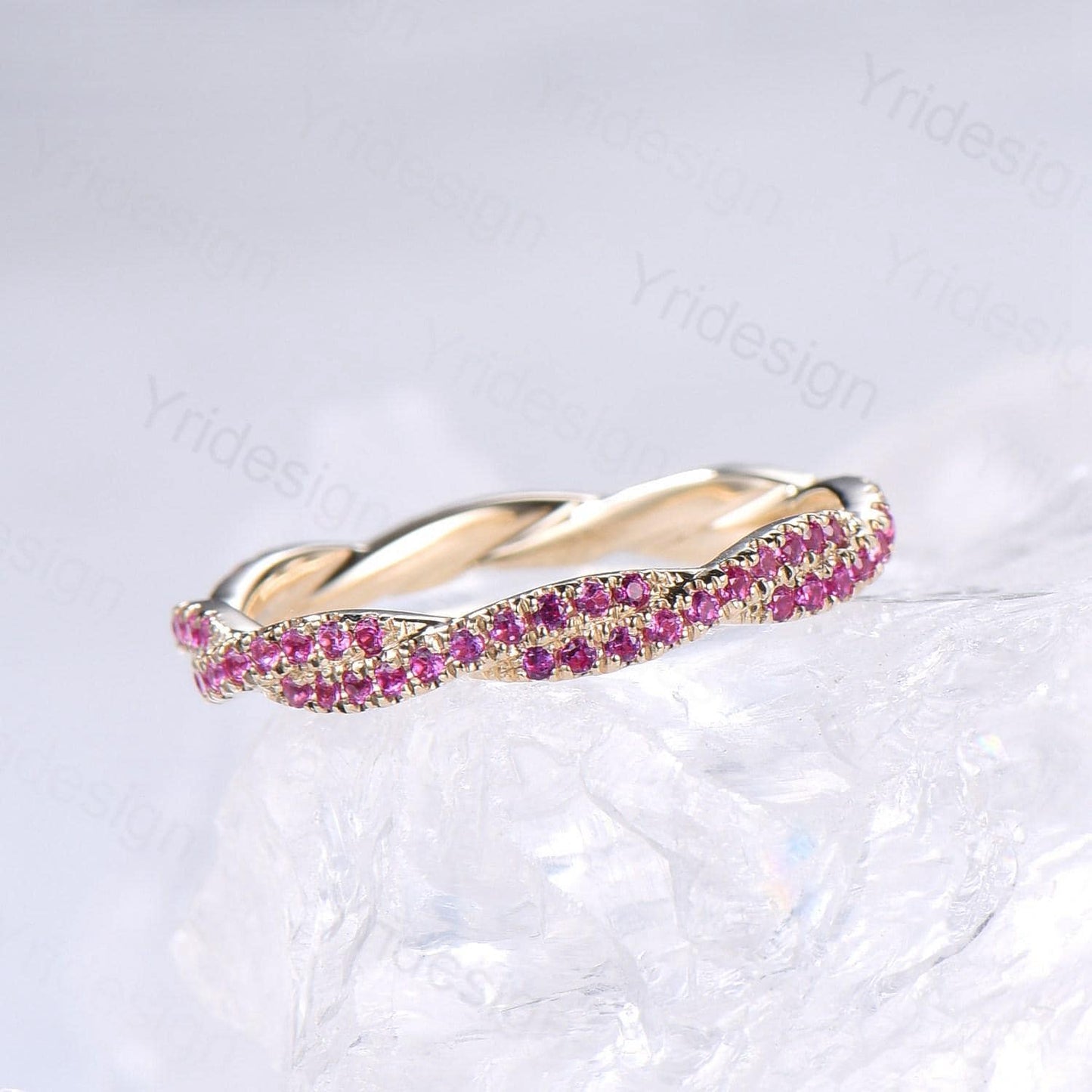 Solid 14k yellow gold ruby wedding band, twisted shape full eternity ruby wedding ring, retro stackable band engagement anniversary gift