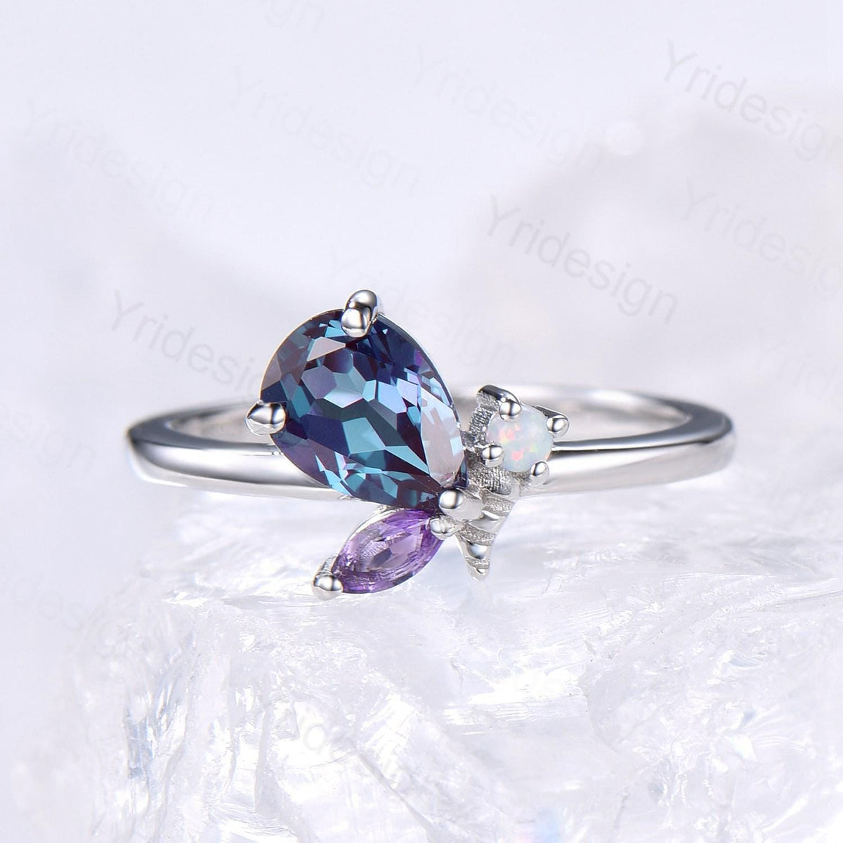 Unique Bee Ring, Pear Shaped Alexandrite Engagement Ring, Three Stone Color Change Wedding Ring For Women, Marquise Cut Amethyst Opal Band