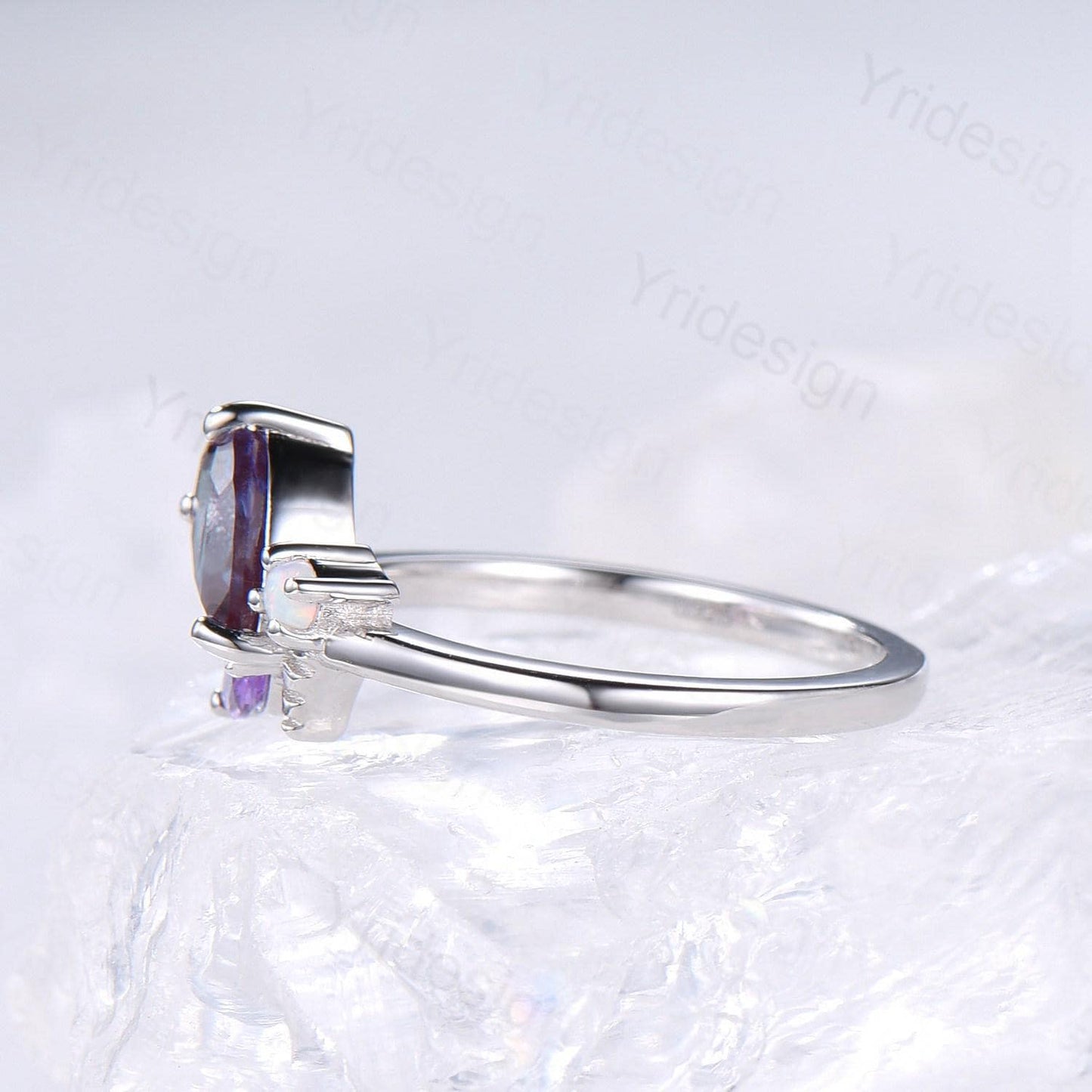 Unique Bee Ring, Pear Shaped Alexandrite Engagement Ring, Three Stone Color Change Wedding Ring For Women, Marquise Cut Amethyst Opal Band
