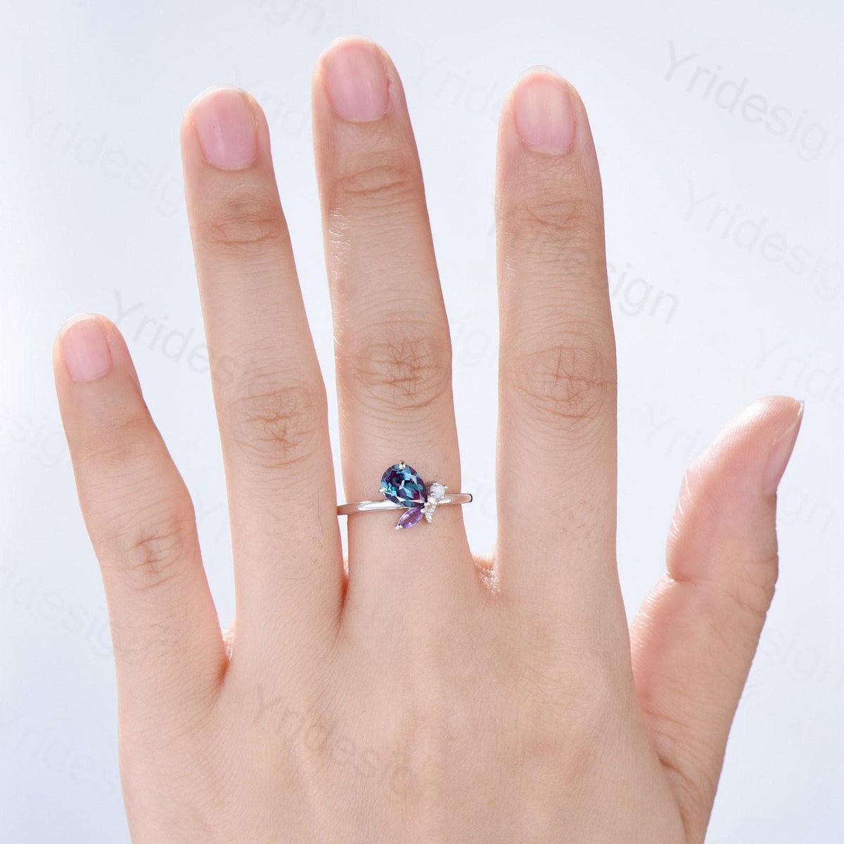 Unique Bee Ring, Pear Shaped Alexandrite Engagement Ring, Three Stone Color Change Wedding Ring For Women, Marquise Cut Amethyst Opal Band