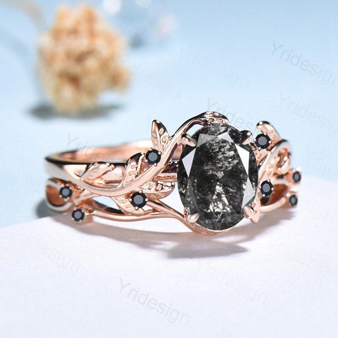 Unique salt and pepper diamond engagement ring set Nature Inspired black spinel wedding ring vintage leaf vine bridal ring set for women