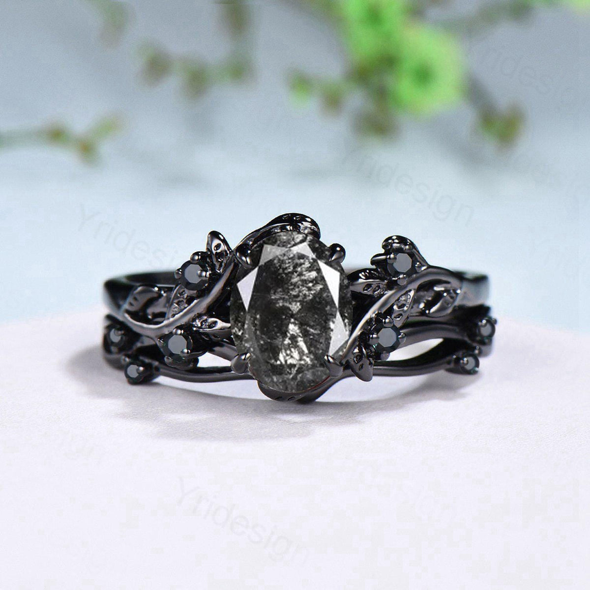 Unique salt and pepper diamond engagement ring set Nature Inspired black spinel wedding ring vintage leaf vine bridal ring set for women