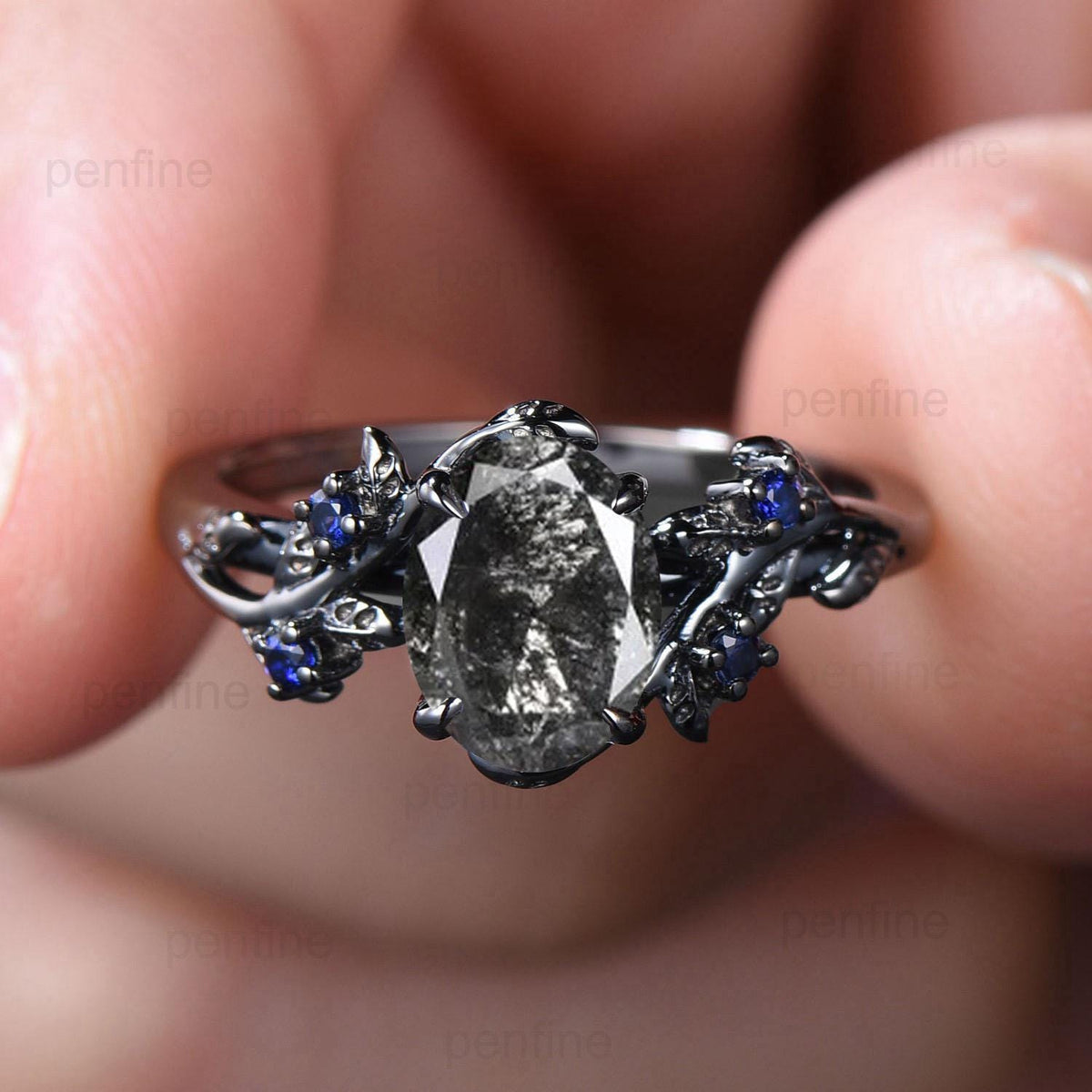 Nature Inspired salt and pepper diamond engagement ring Unique 14K black gold twig engagement ring cluster sapphire wedding ring for women