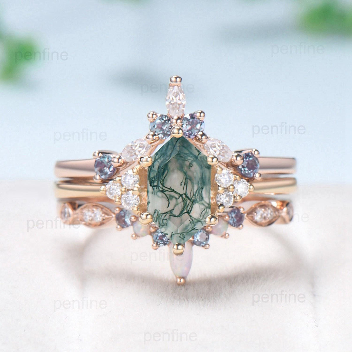 Vintage Long Hexagon Natural Green Moss Agate Engagement Ring Set Unique 14k Rose Gold Cluster Moissanite Wedding Ring Set Ring for Women