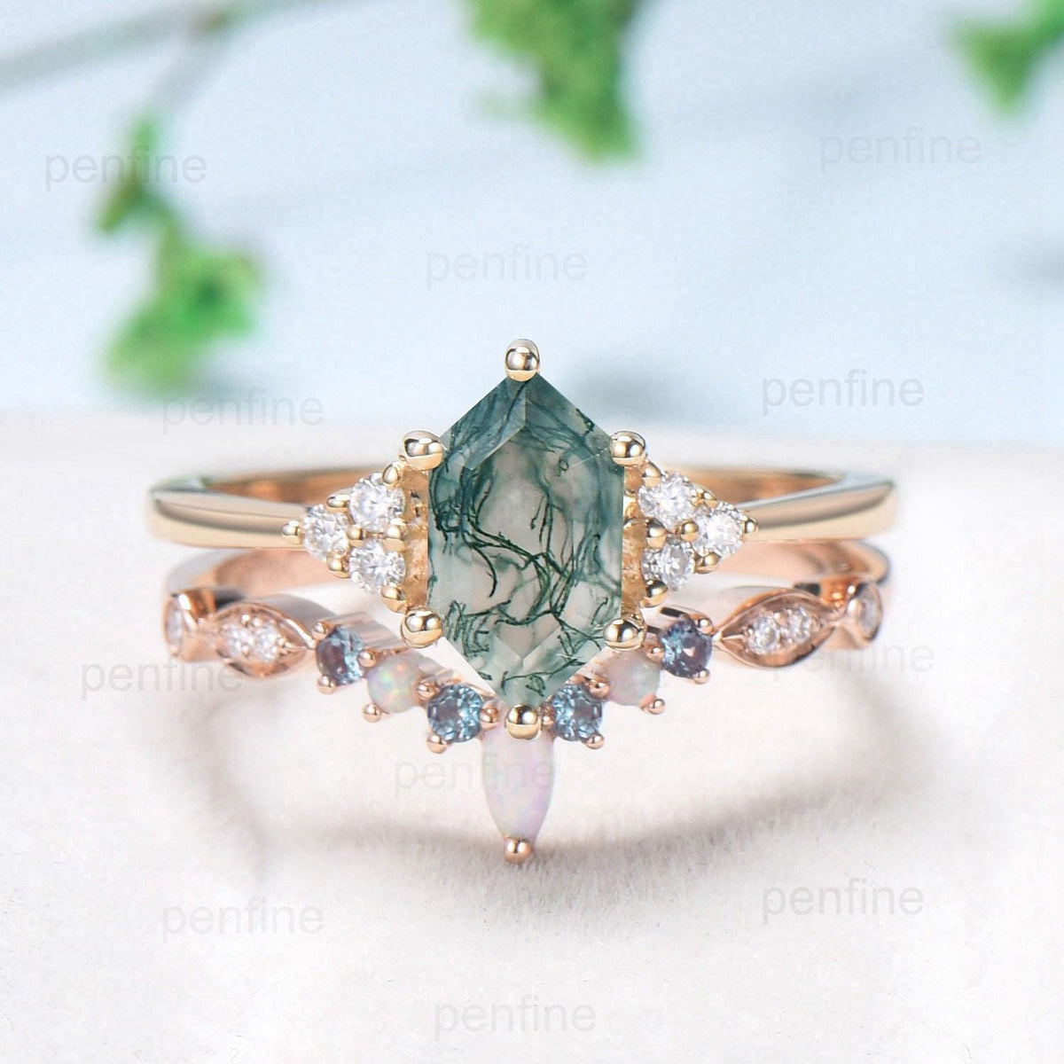 Vintage Long Hexagon Natural Green Moss Agate Engagement Ring Set Unique 14k Rose Gold Cluster Moissanite Wedding Ring Set Ring for Women