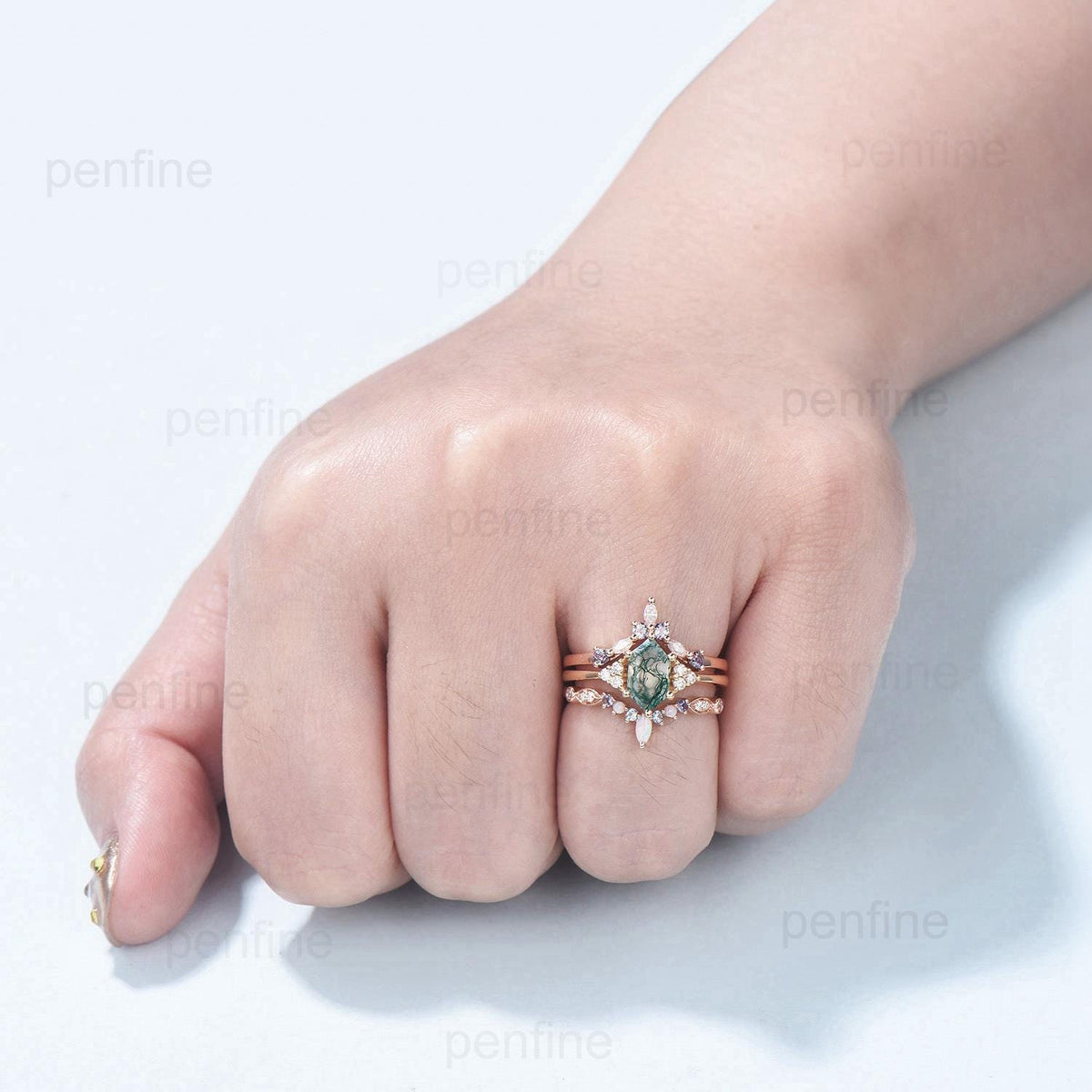 Vintage Long Hexagon Natural Green Moss Agate Engagement Ring Set Unique 14k Rose Gold Cluster Moissanite Wedding Ring Set Ring for Women