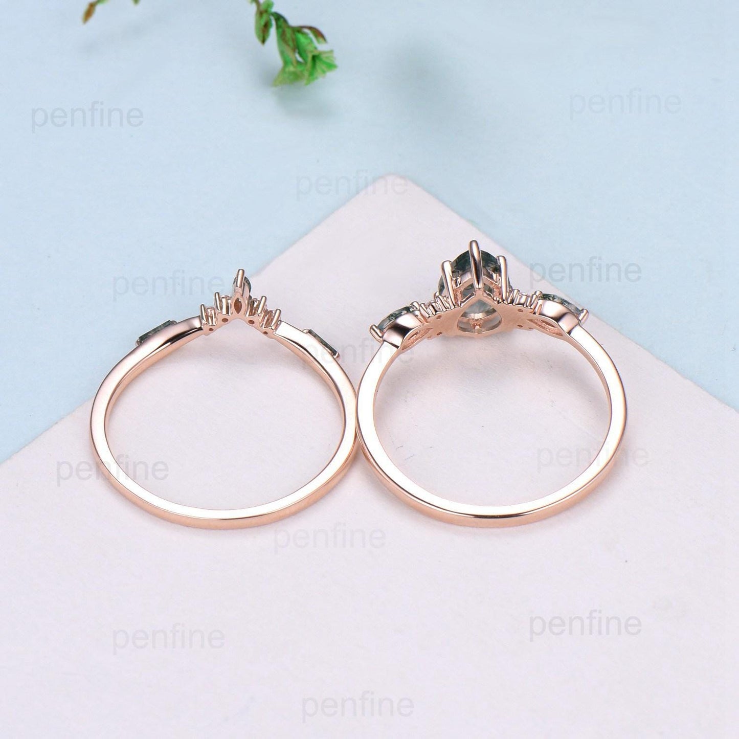 Vintage Pear Shaped Moissanite Engagement Ring Set Unique 14k Rose Gold Marquise Green Moss Agate Wedding Ring Set Vine Bridal Set Women