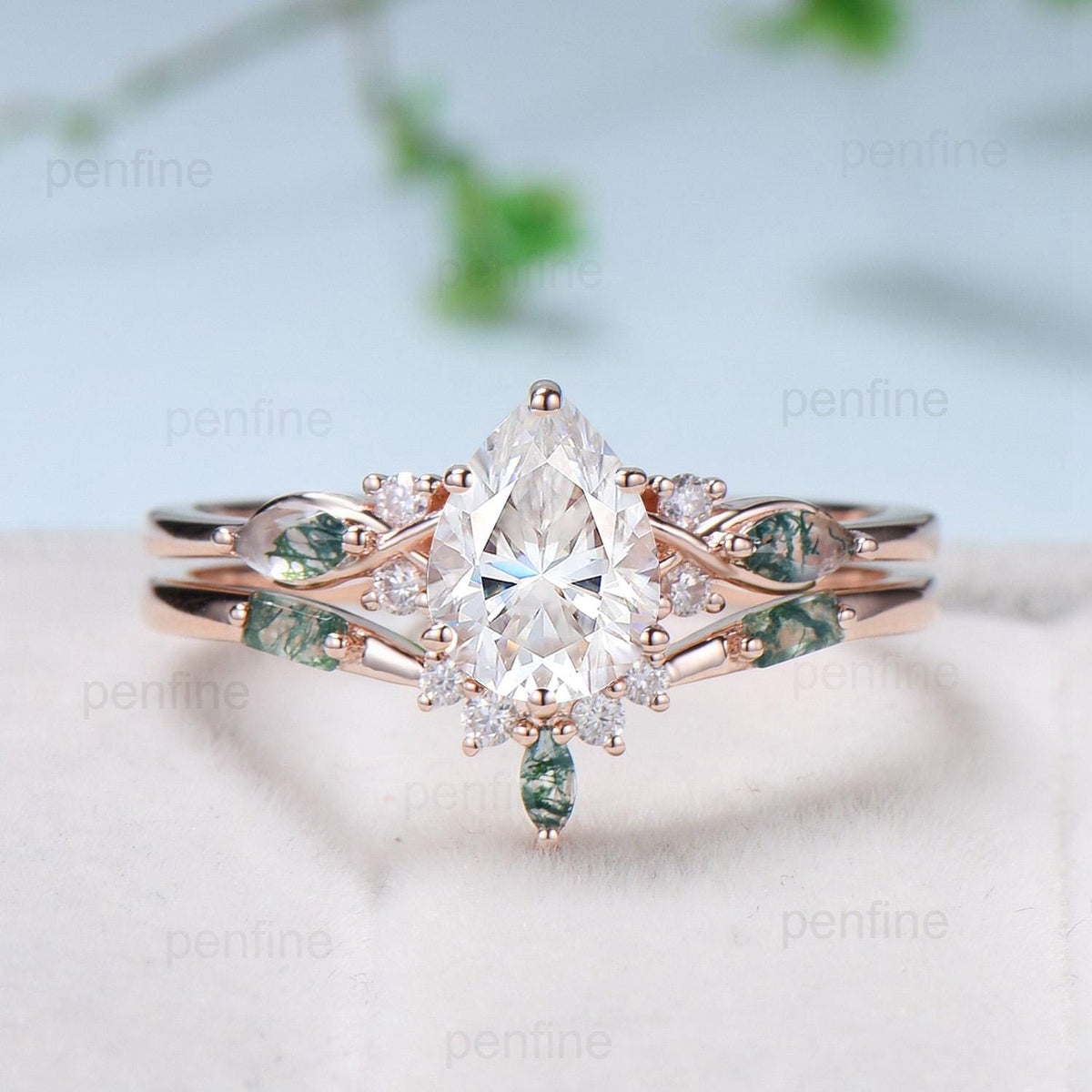 Vintage Pear Shaped Moissanite Engagement Ring Set Unique 14k Rose Gold Marquise Green Moss Agate Wedding Ring Set Vine Bridal Set Women