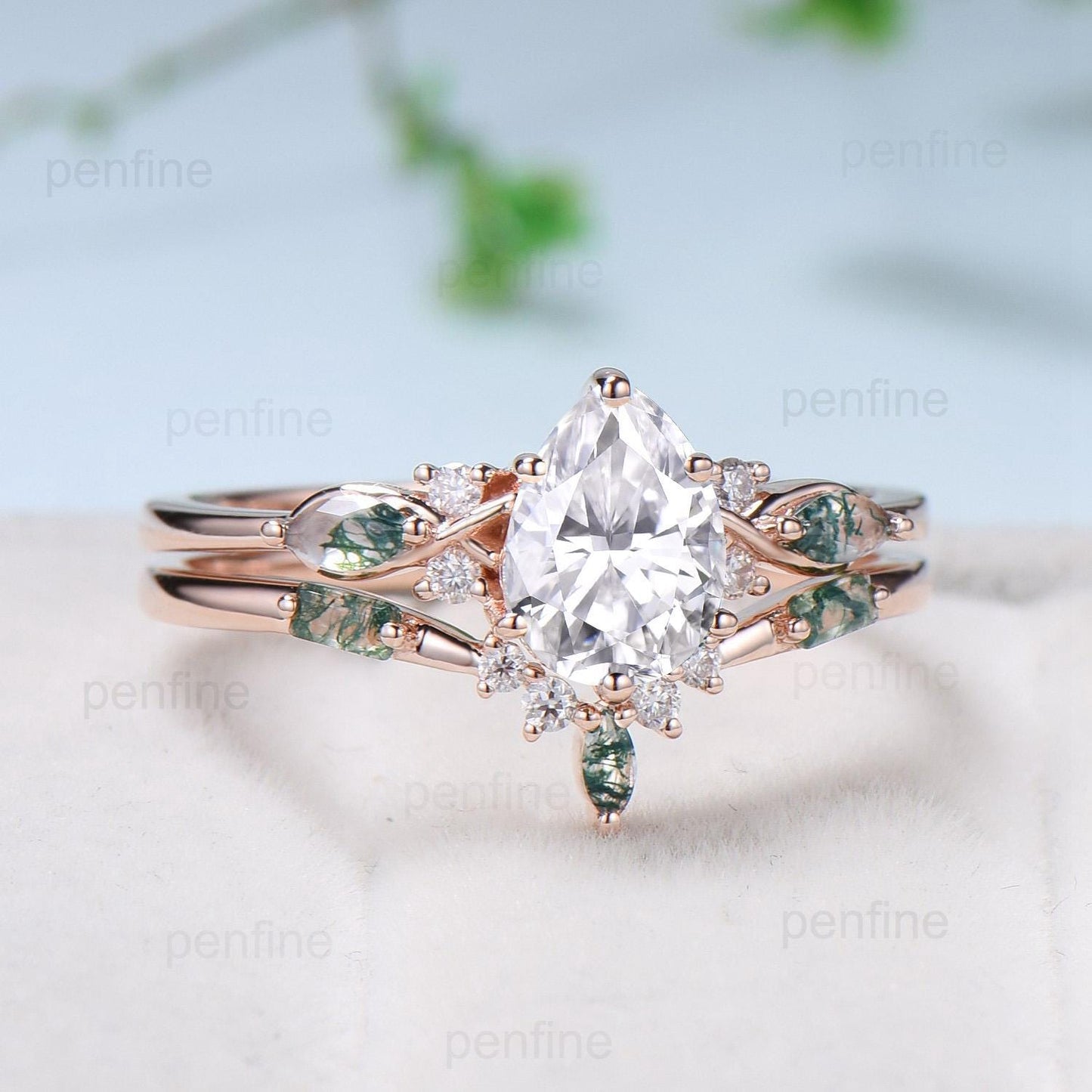 Vintage Pear Shaped Moissanite Engagement Ring Set Unique 14k Rose Gold Marquise Green Moss Agate Wedding Ring Set Vine Bridal Set Women