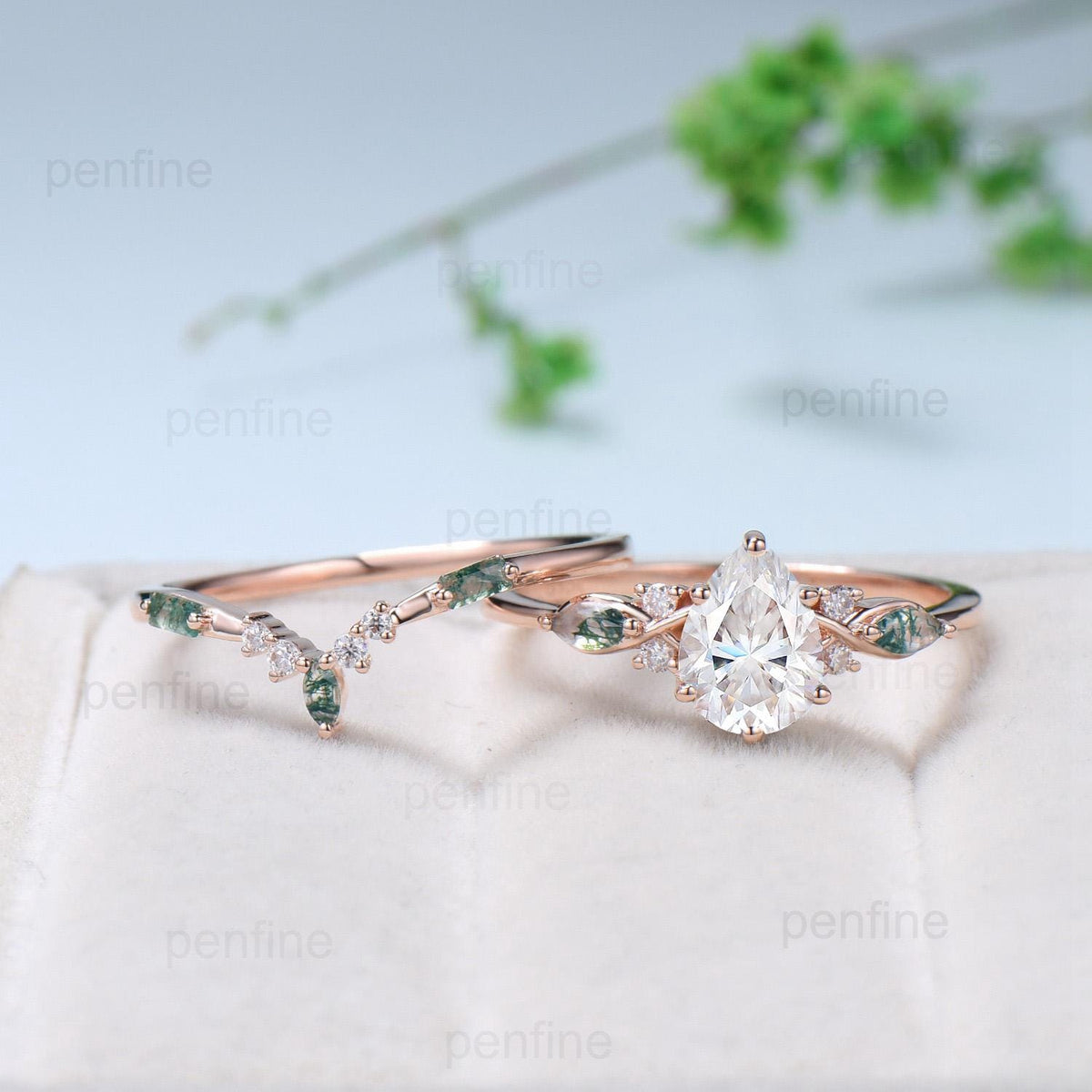 Vintage Pear Shaped Moissanite Engagement Ring Set Unique 14k Rose Gold Marquise Green Moss Agate Wedding Ring Set Vine Bridal Set Women