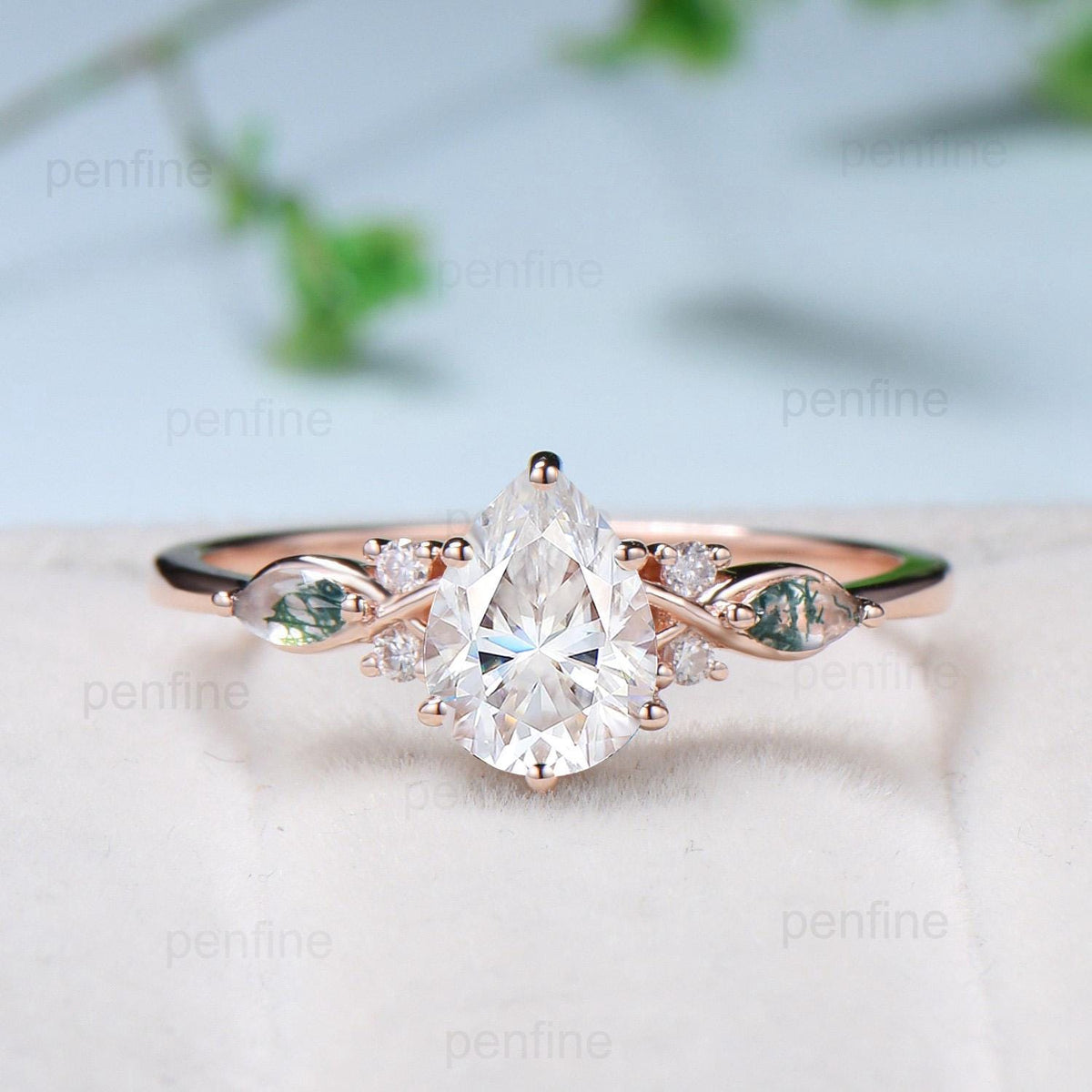 Vintage Pear Shaped Moissanite Engagement Ring Set Unique 14k Rose Gold Marquise Green Moss Agate Wedding Ring Set Vine Bridal Set Women