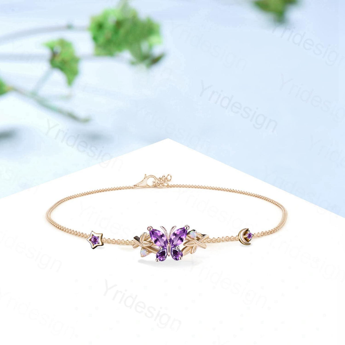 Elegant Butterfly Bracelet Nature Inspired Leaf Vine Lobster Claw Opal Bracelet Silver Gold Moon Star Bracelet Art Deco Anniversary Gift