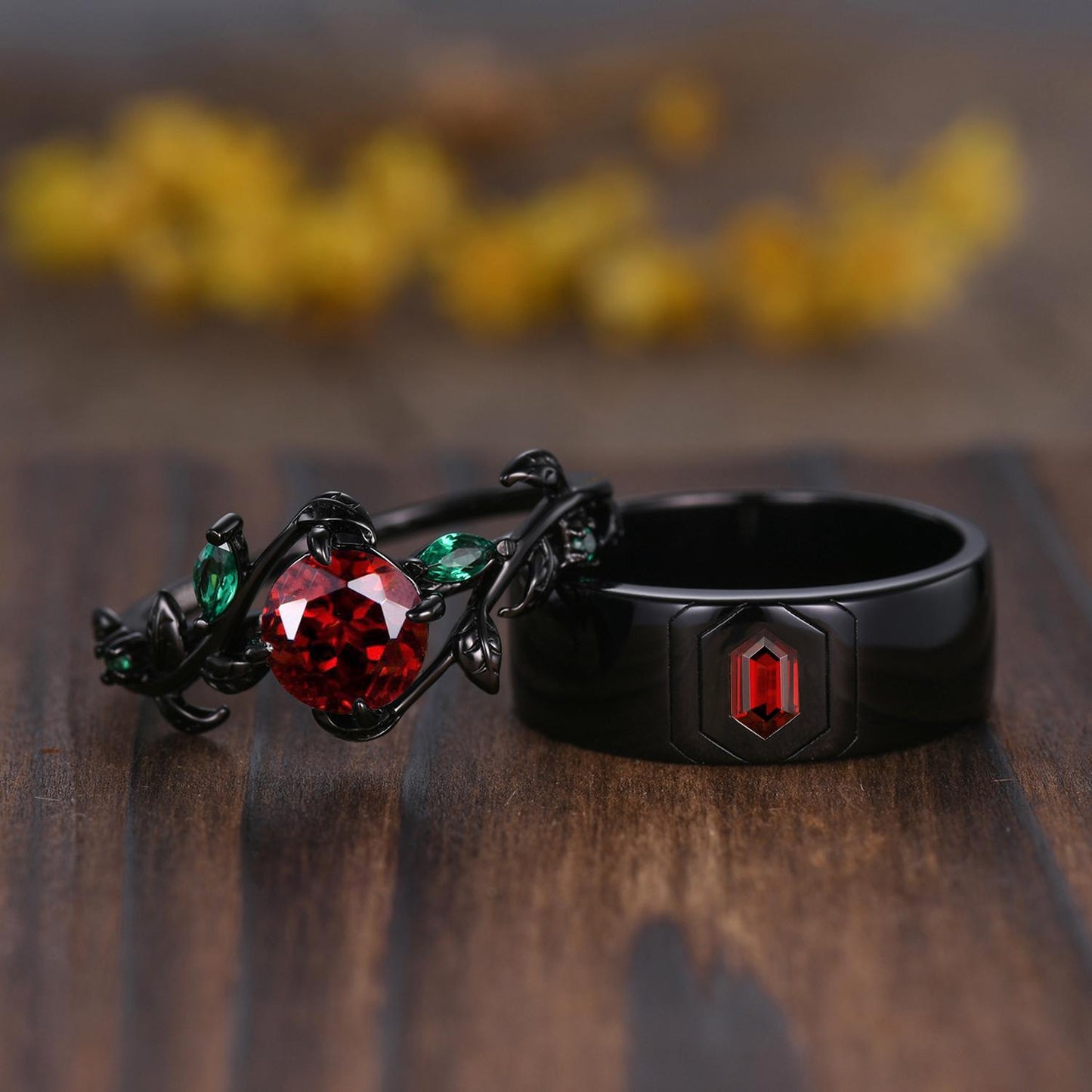 Gothic Couples Red Garnet Engagement Ring Set: Black Gold Leaf Band
