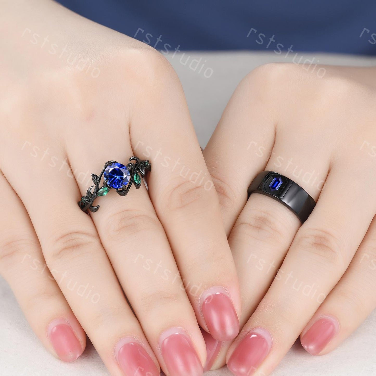 Vintage Blue Sapphire Couples Ring Set: Black Gold Wedding Bands