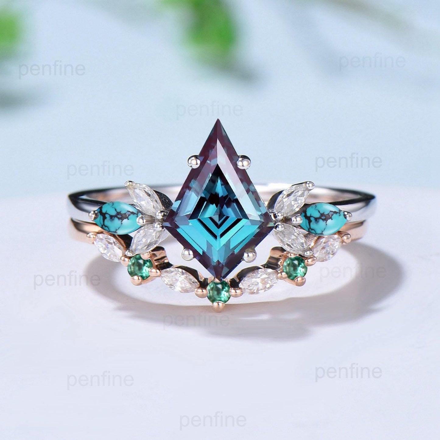 Vintage Kite cut alexandrite engagement ring set art deco marquise turquoise bridal wedding ring set women emerald anniversary stacking ring