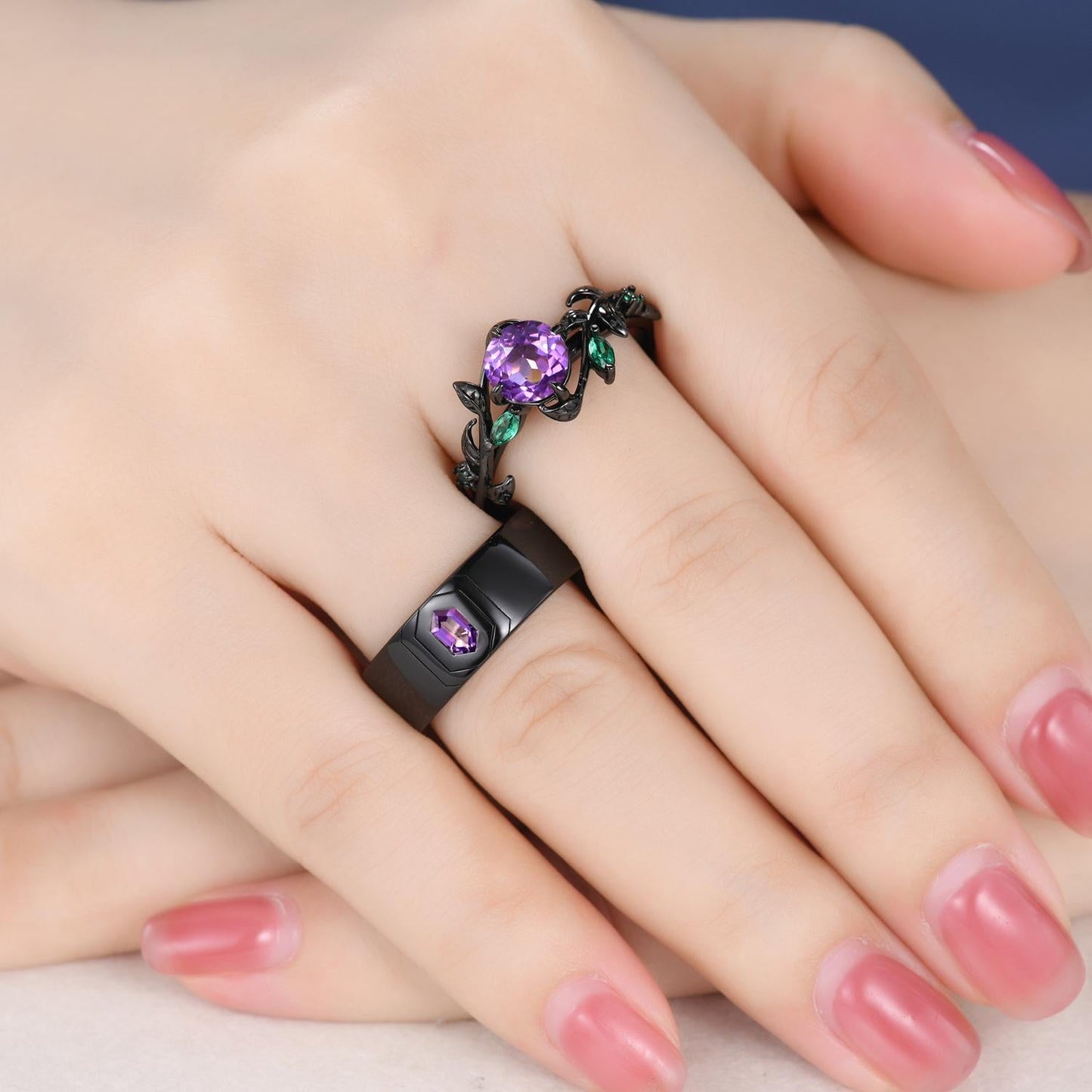 Gothic Couples Amethyst Wedding Ring Set: Black Gold Promise Rings