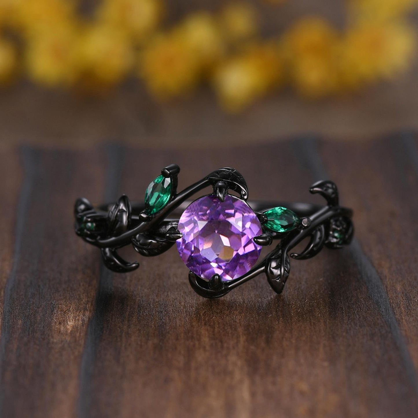 Gothic Couples Amethyst Wedding Ring Set: Black Gold Promise Rings