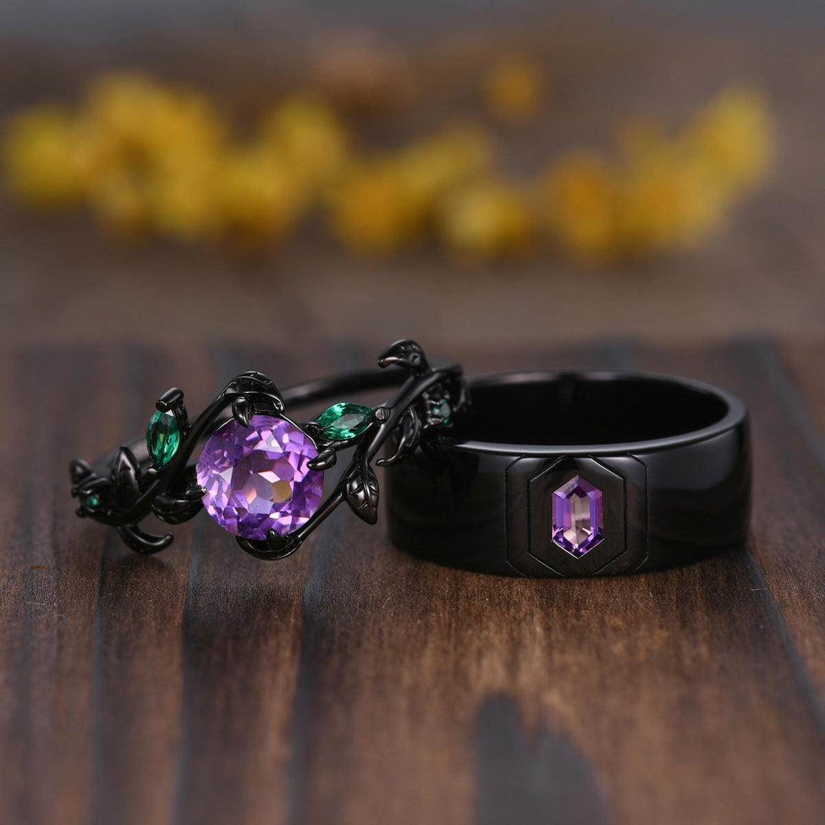 Gothic Couples Amethyst Wedding Ring Set: Black Gold Promise Rings