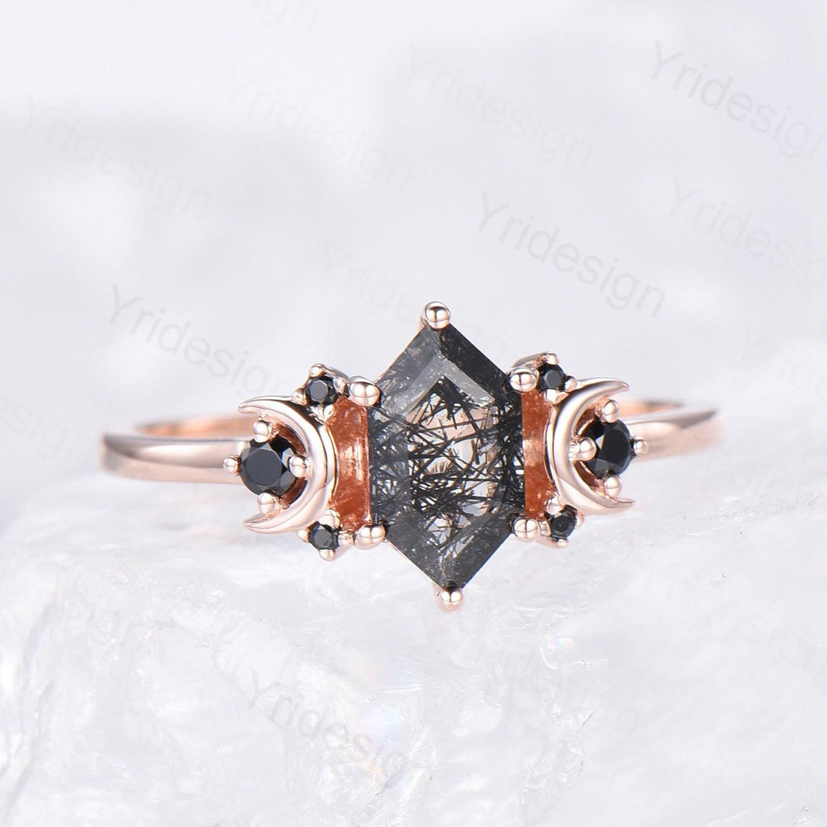 Moon style engagement ring, Long hexagon cut black rutilated quartz ring rose gold cluster black spinel wedding ring, women anniversary gift