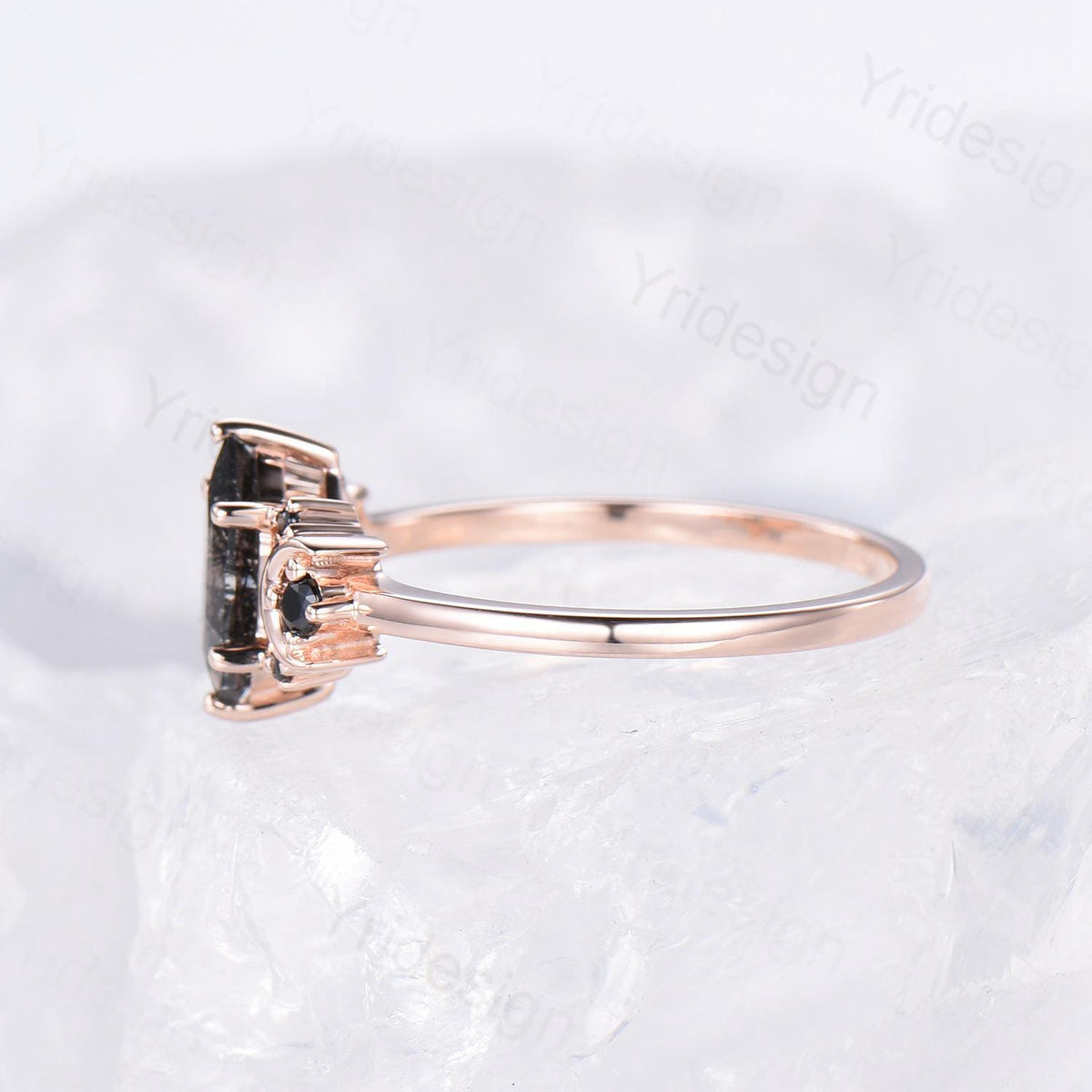 Moon style engagement ring, Long hexagon cut black rutilated quartz ring rose gold cluster black spinel wedding ring, women anniversary gift