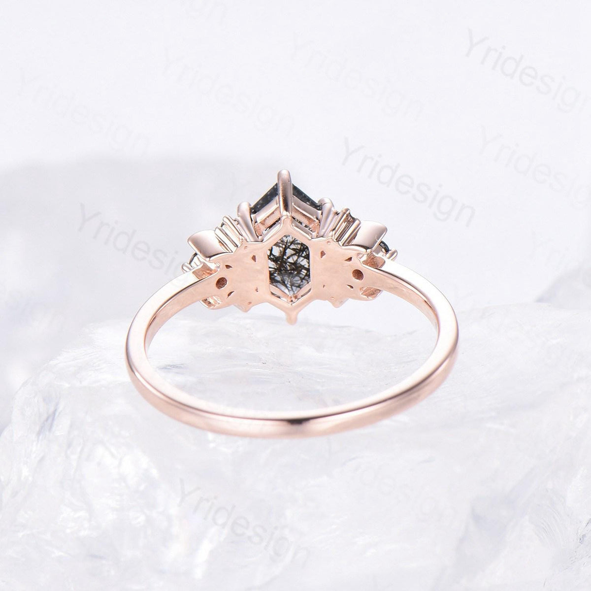 Moon style engagement ring, Long hexagon cut black rutilated quartz ring rose gold cluster black spinel wedding ring, women anniversary gift