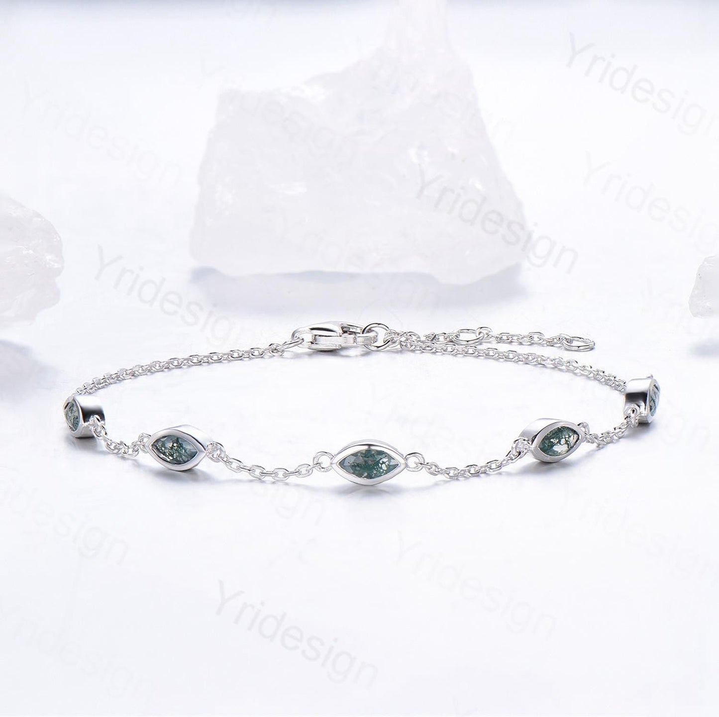 Dainty marquise cut moss agate bracelet bezel set green agate bracelet minimalist elegant stackable bracelet handmade anniversary gift women