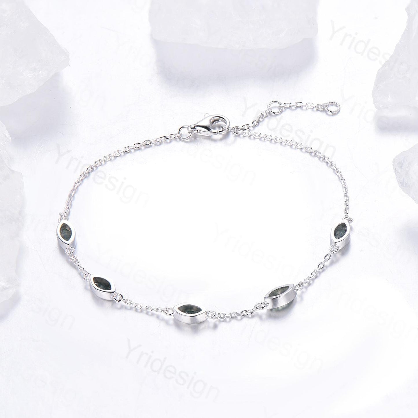 Dainty marquise cut moss agate bracelet bezel set green agate bracelet minimalist elegant stackable bracelet handmade anniversary gift women