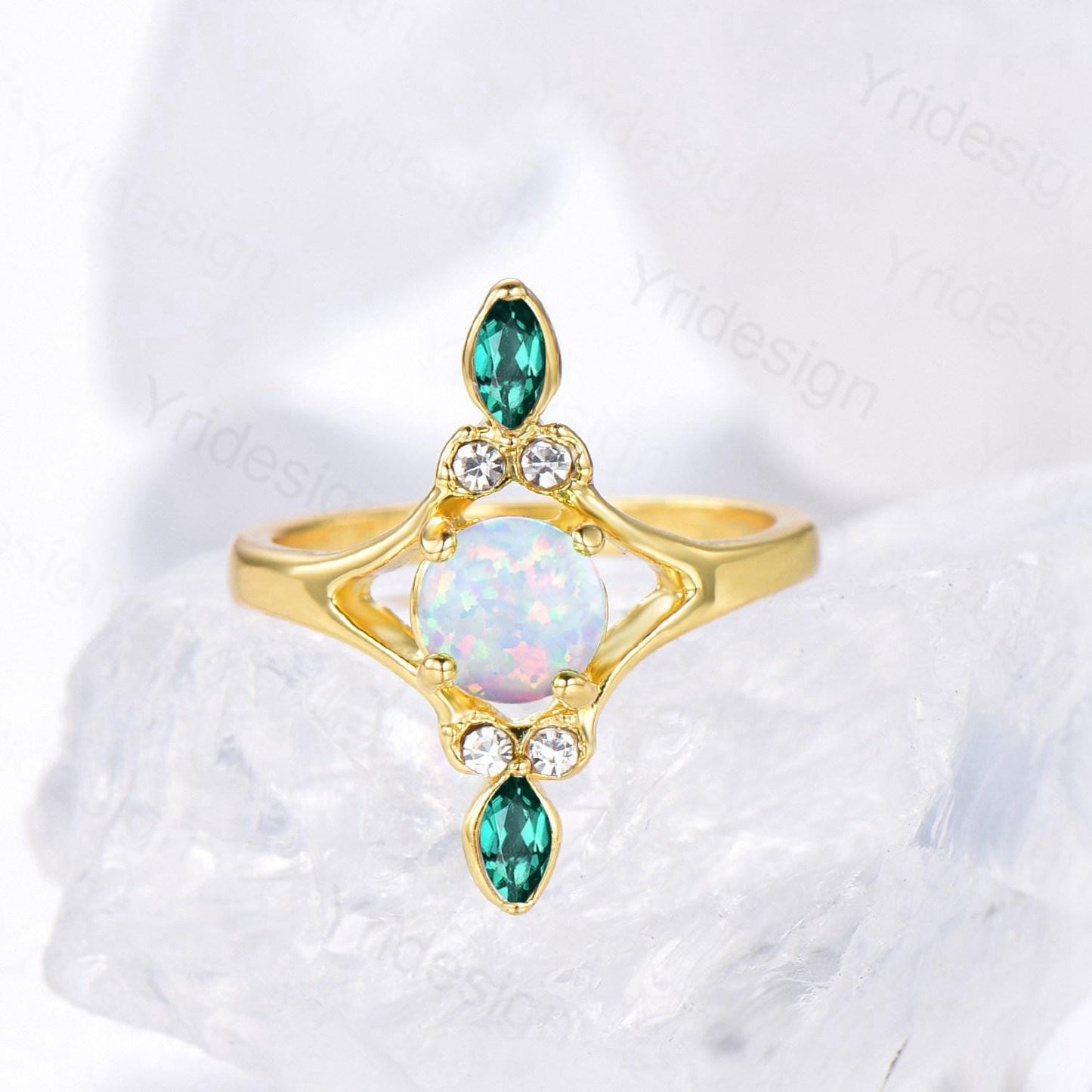Unique Opal Engagement Ring Vintage White Opal Promise Ring Yellow Gold Marquise Emerald Wedding Bridal Ring Women Handmade Promise Rings