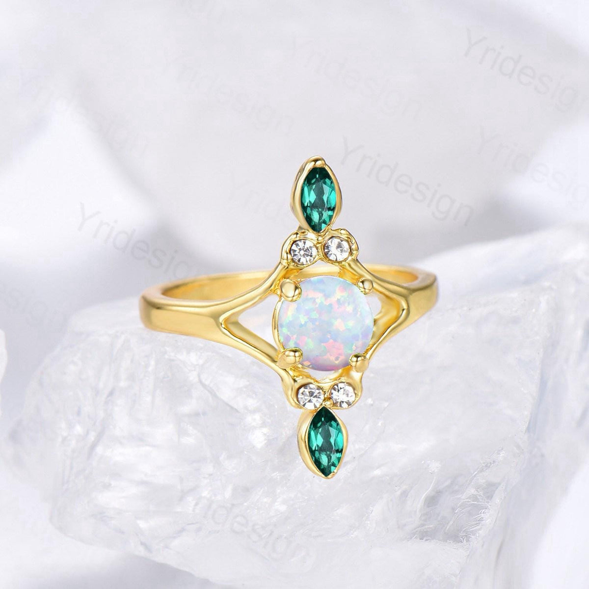 Unique Opal Engagement Ring Vintage White Opal Promise Ring Yellow Gold Marquise Emerald Wedding Bridal Ring Women Handmade Promise Rings