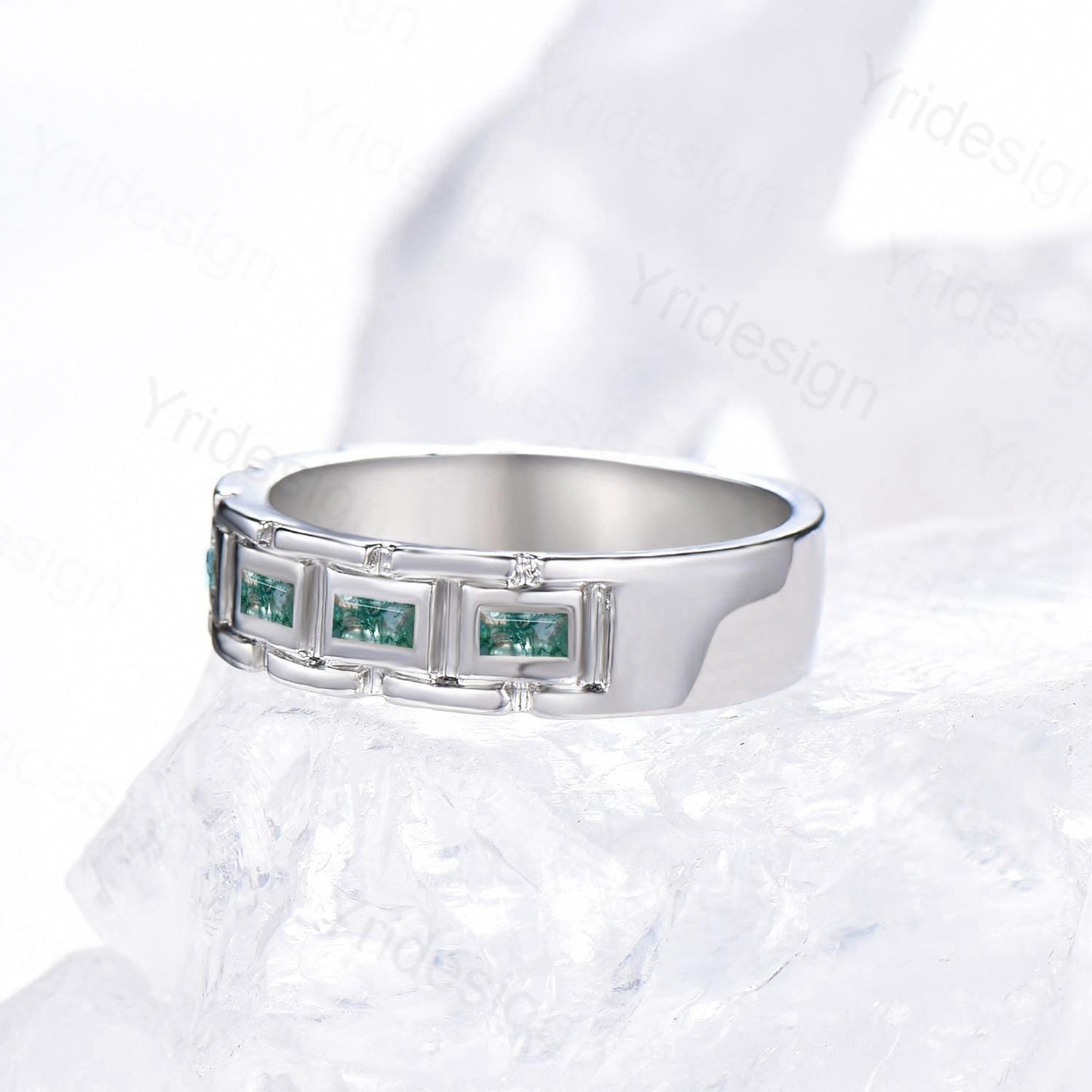 Mens Baguette Moss agate Wedding Band Unique Seven Stone Green Agate Stacking Band 4mm Mens Stacking Matching Band Retro Vintage Ring Gift