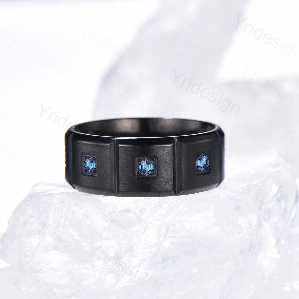 Black Gold Brushed Finish Mens Wedding Band Unisex Frame Hexagon Alexandrite Men's Wedding Ring Anniversary Stacking Matching Band Gift