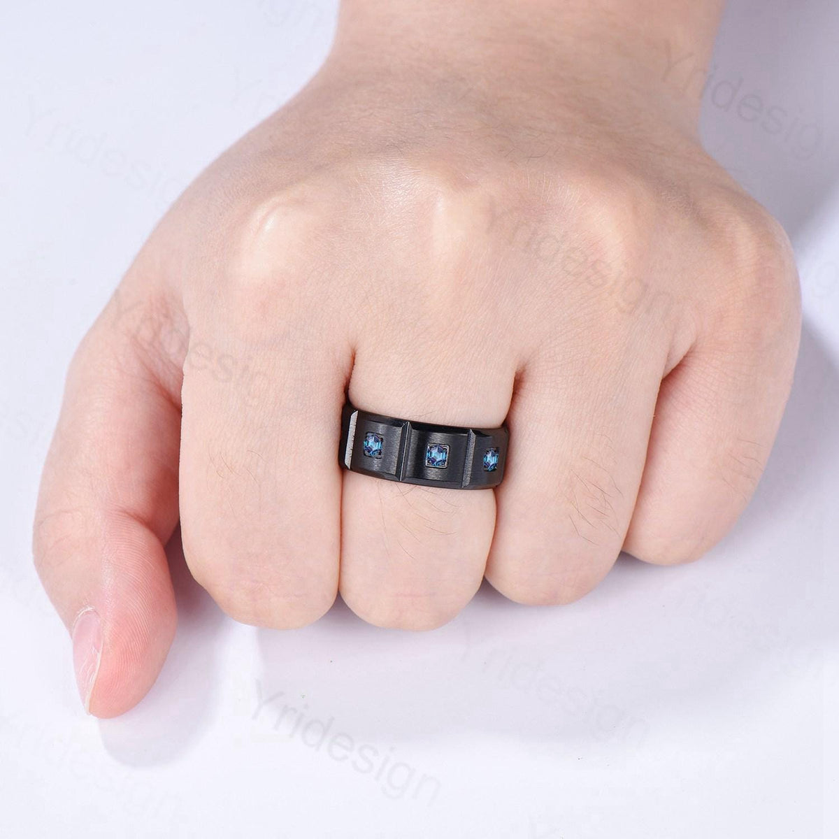 Black Gold Brushed Finish Mens Wedding Band Unisex Frame Hexagon Alexandrite Men's Wedding Ring Anniversary Stacking Matching Band Gift