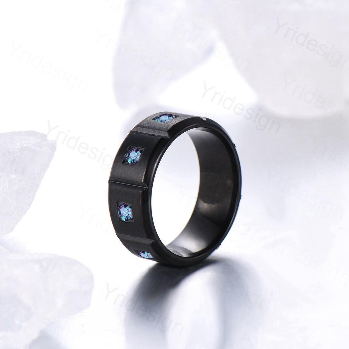 Black Gold Brushed Finish Mens Wedding Band Unisex Frame Hexagon Alexandrite Men's Wedding Ring Anniversary Stacking Matching Band Gift