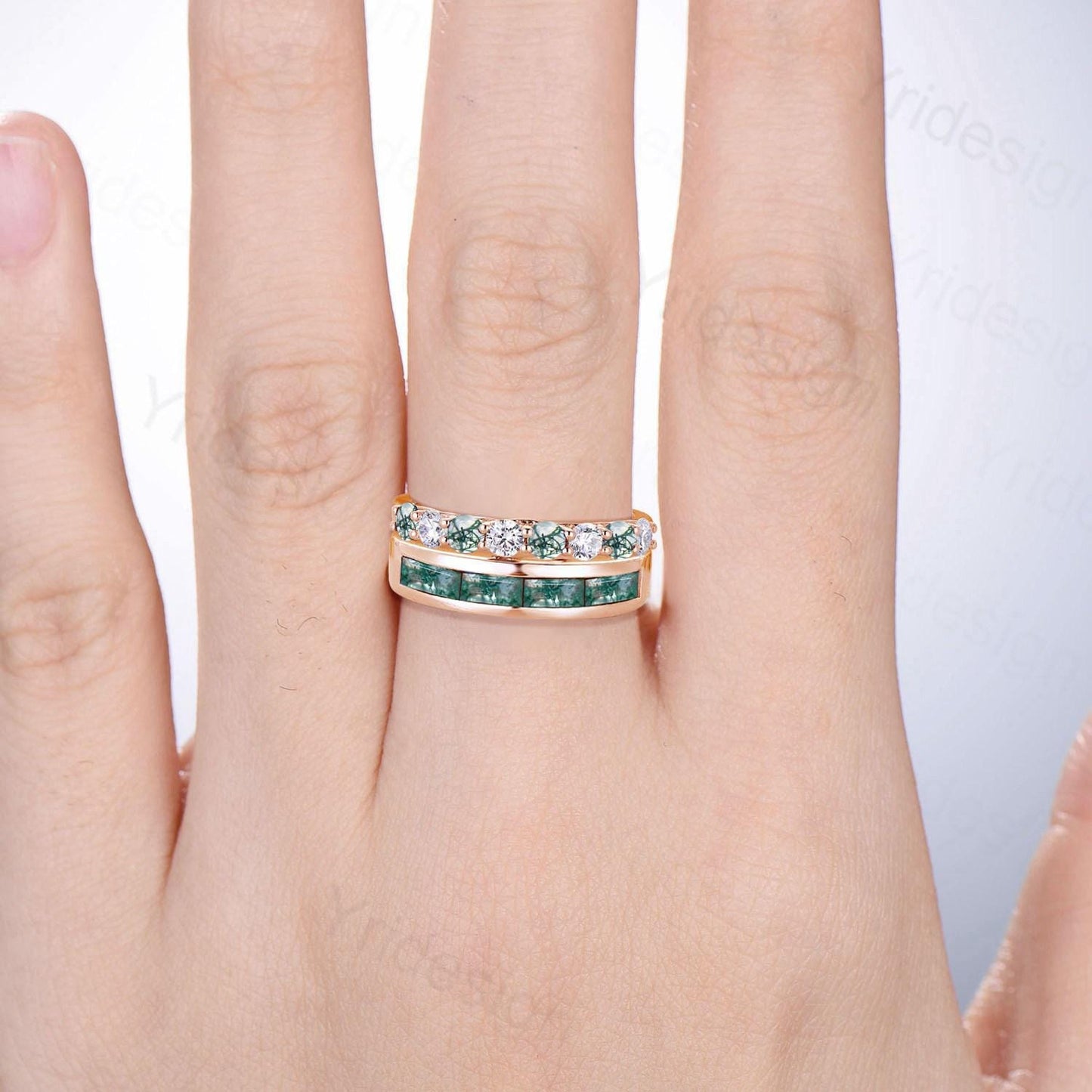 Couples moss agate ring set rose gold baguette moss agate wedding ring, men and women His Hers engagement ring unique anniversary gift