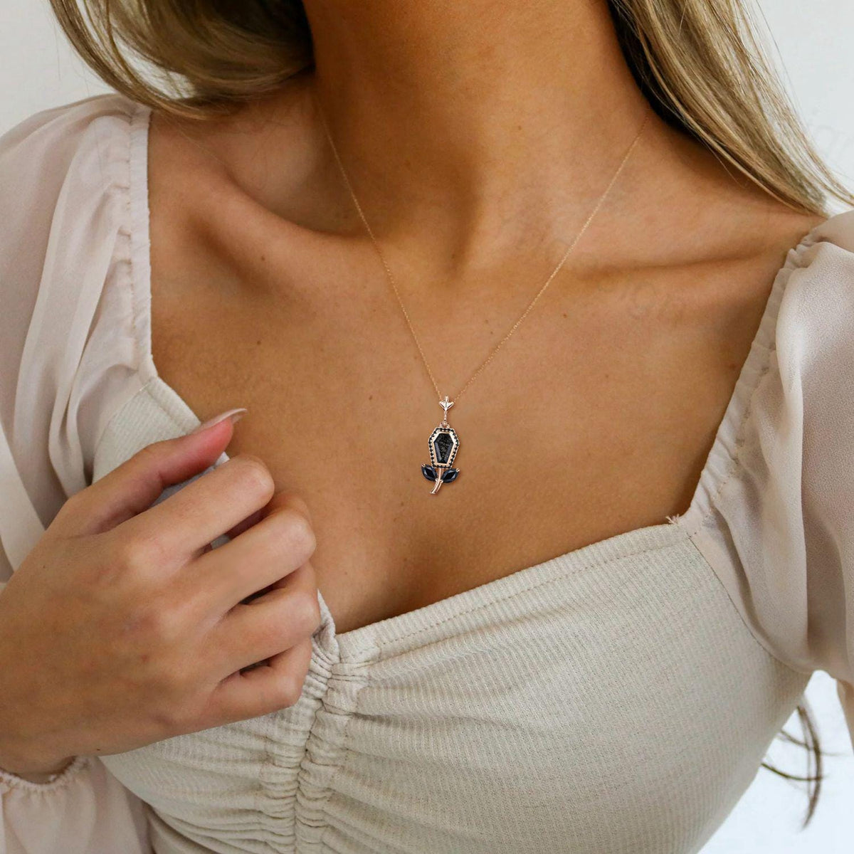 Vintage Coffin black rutilated quartz pendant necklace solid 14k 18k rose gold halo black spinel Personalized anniversary Halloween Jewelry