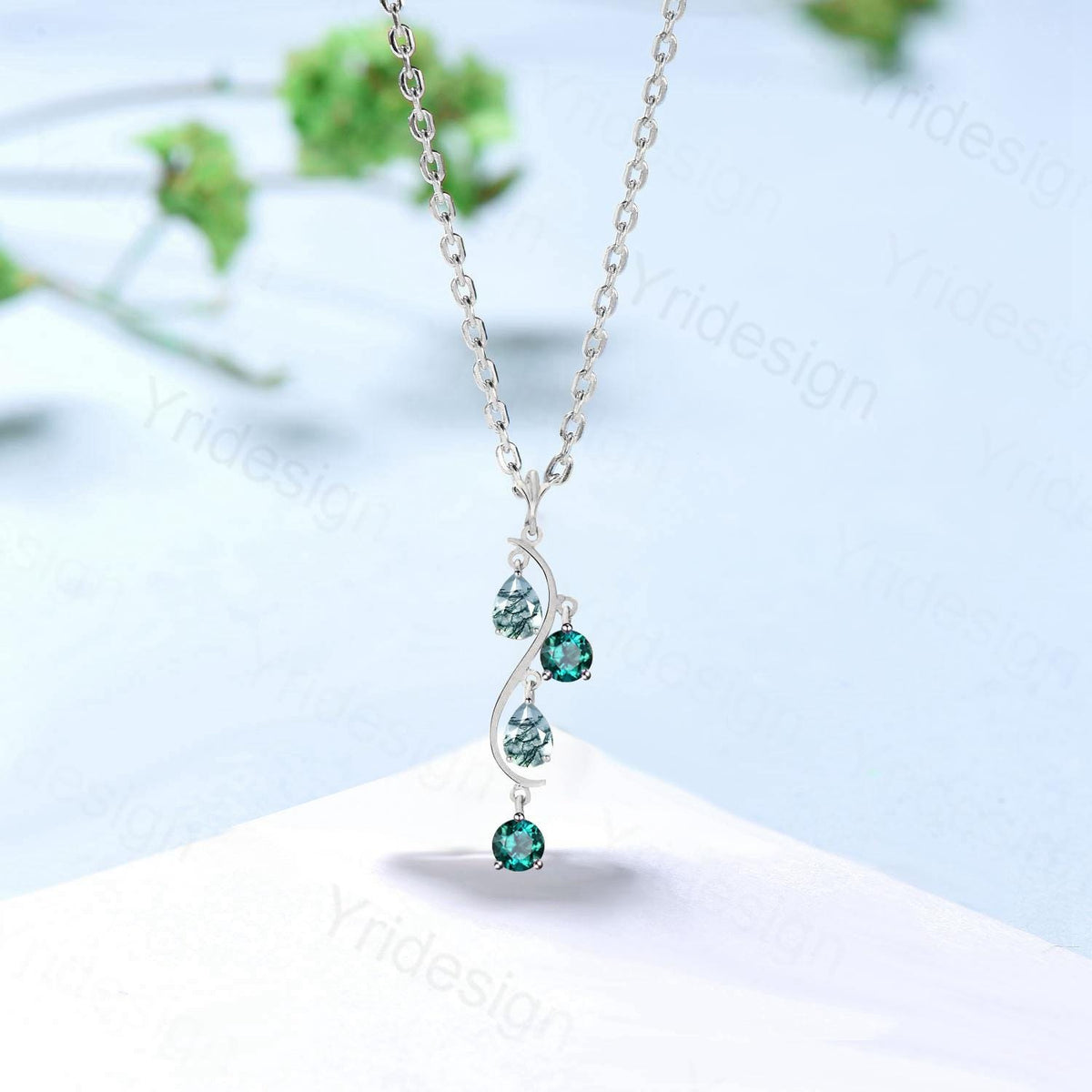 Unique Pear Shaped Moss Agate Pendant Necklace Alternative Green Agate Emerald necklace Vintage Snake Willow Dream Catcher Promise Gift Girl