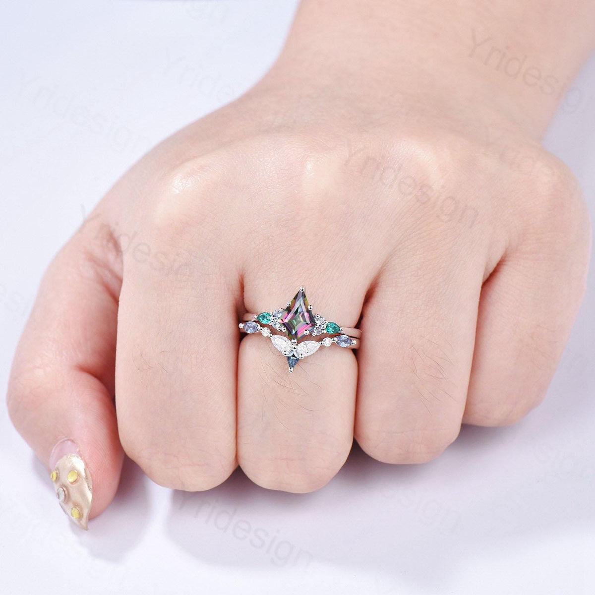 Vintage Rainbow mystic topaz engagement ring set kite cut art deco pear emerald alexandrite wedding ring set for women Art deco bridal set