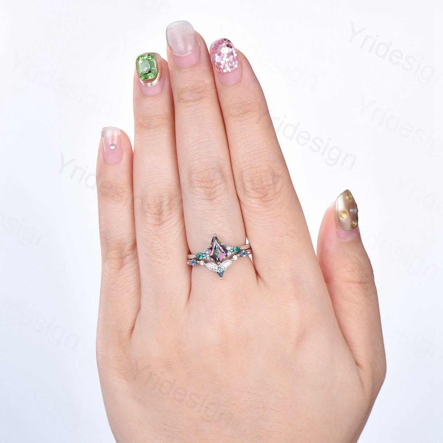 Vintage Rainbow mystic topaz engagement ring set kite cut art deco pear emerald alexandrite wedding ring set for women Art deco bridal set