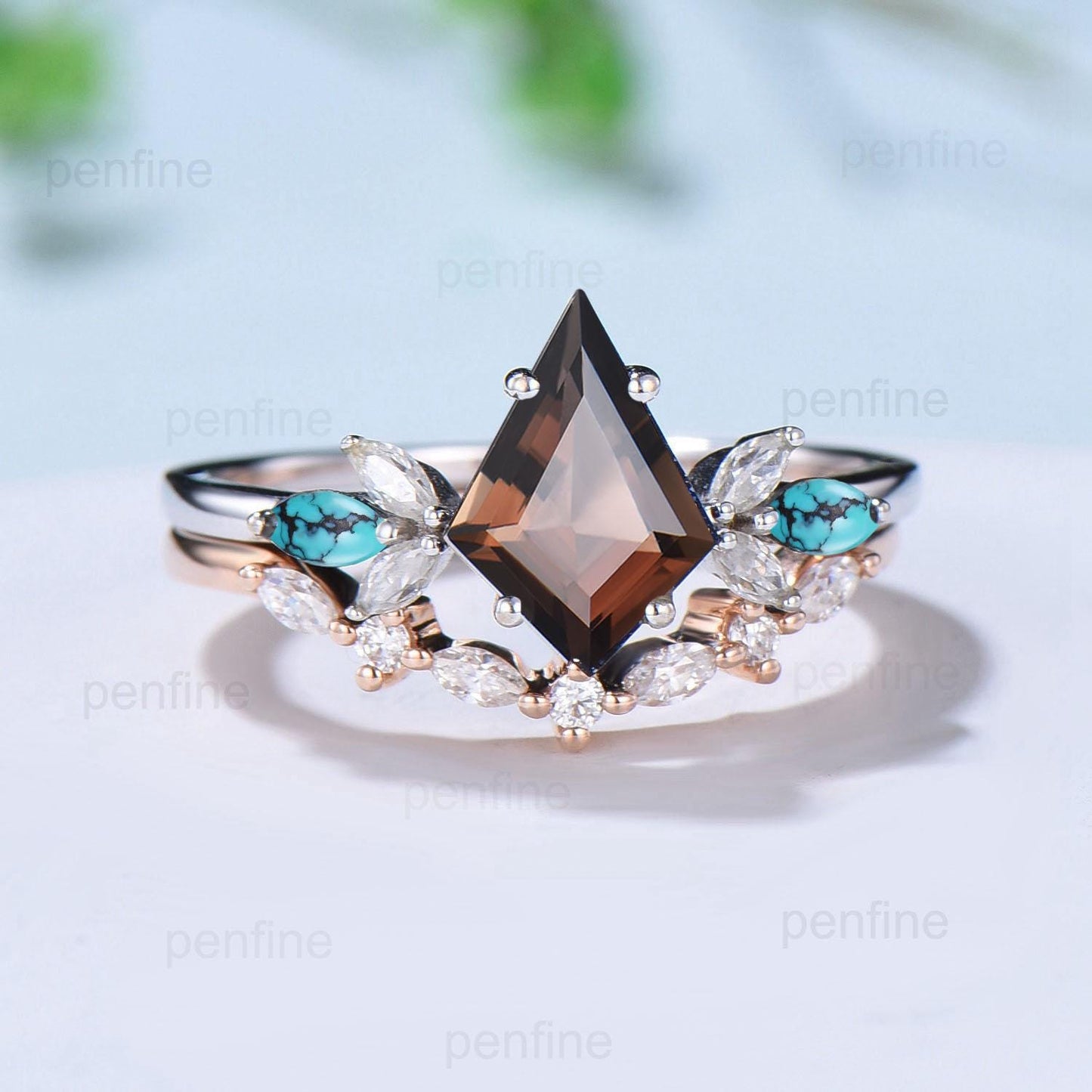 Vintage Kite cut smoky quartz engagement ring set art deco marquise turquoise bridal wedding ring set women anniversary promise ring gift