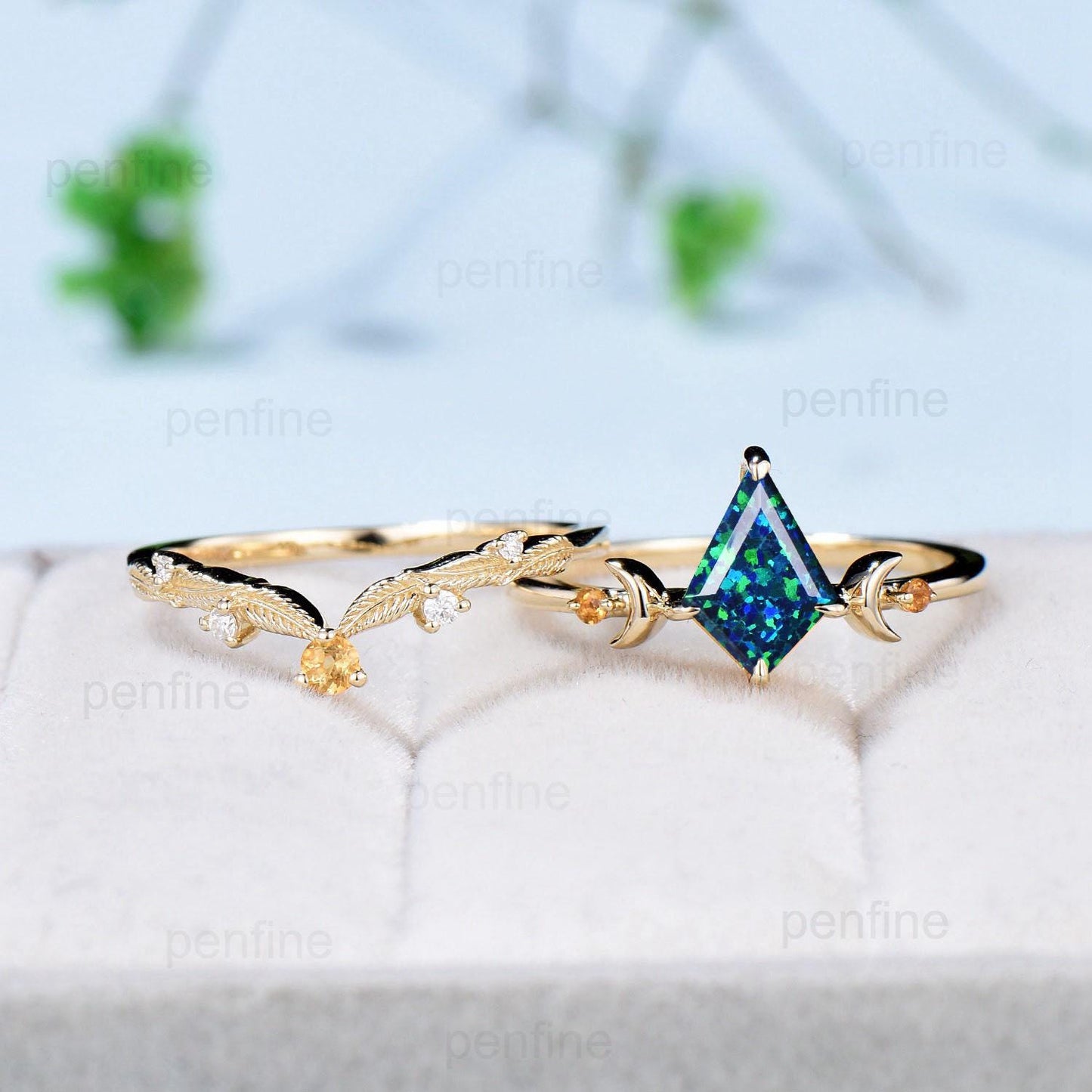 Vintage kite shaped black opal engagement ring set silver yellow gold Unique celestial moon wedding ring for women citrine promise ring band