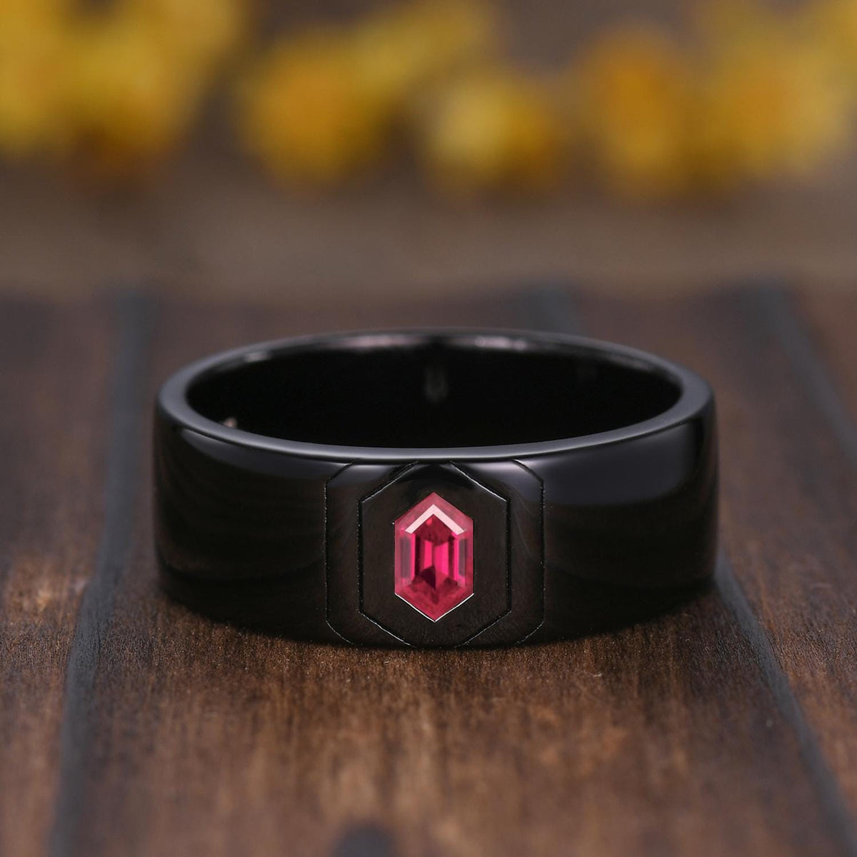 Gothic Couples Red Ruby Engagement Ring : 14k Black Gold Leaf Band Set