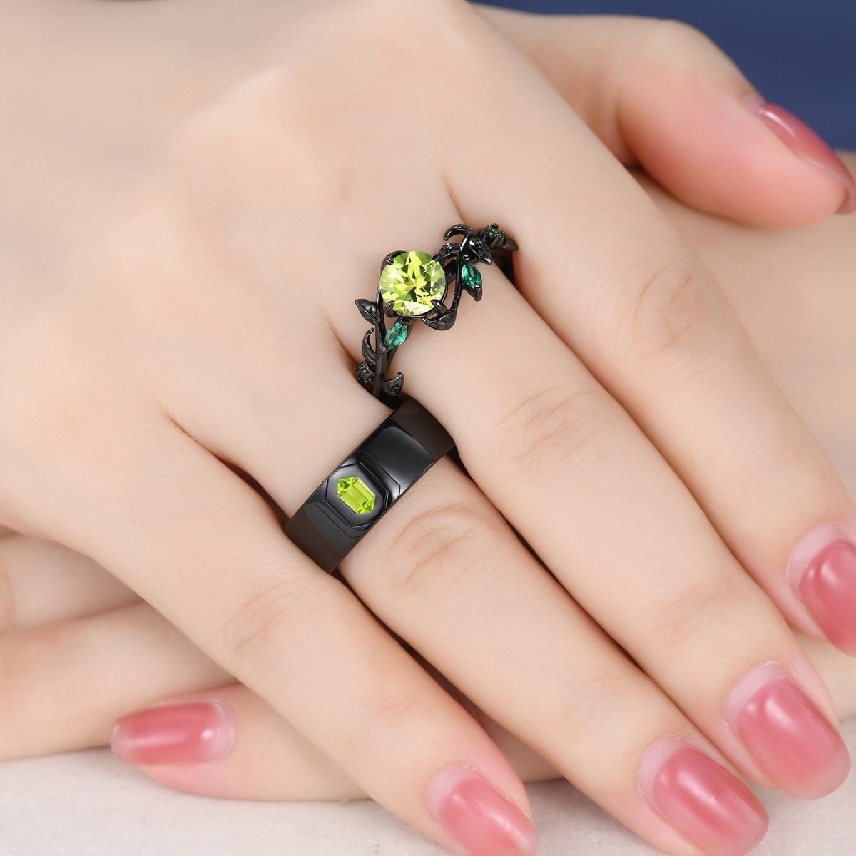Gothic Couples Peridot Wedding Ring Set: 14K Black Gold Promise Rings