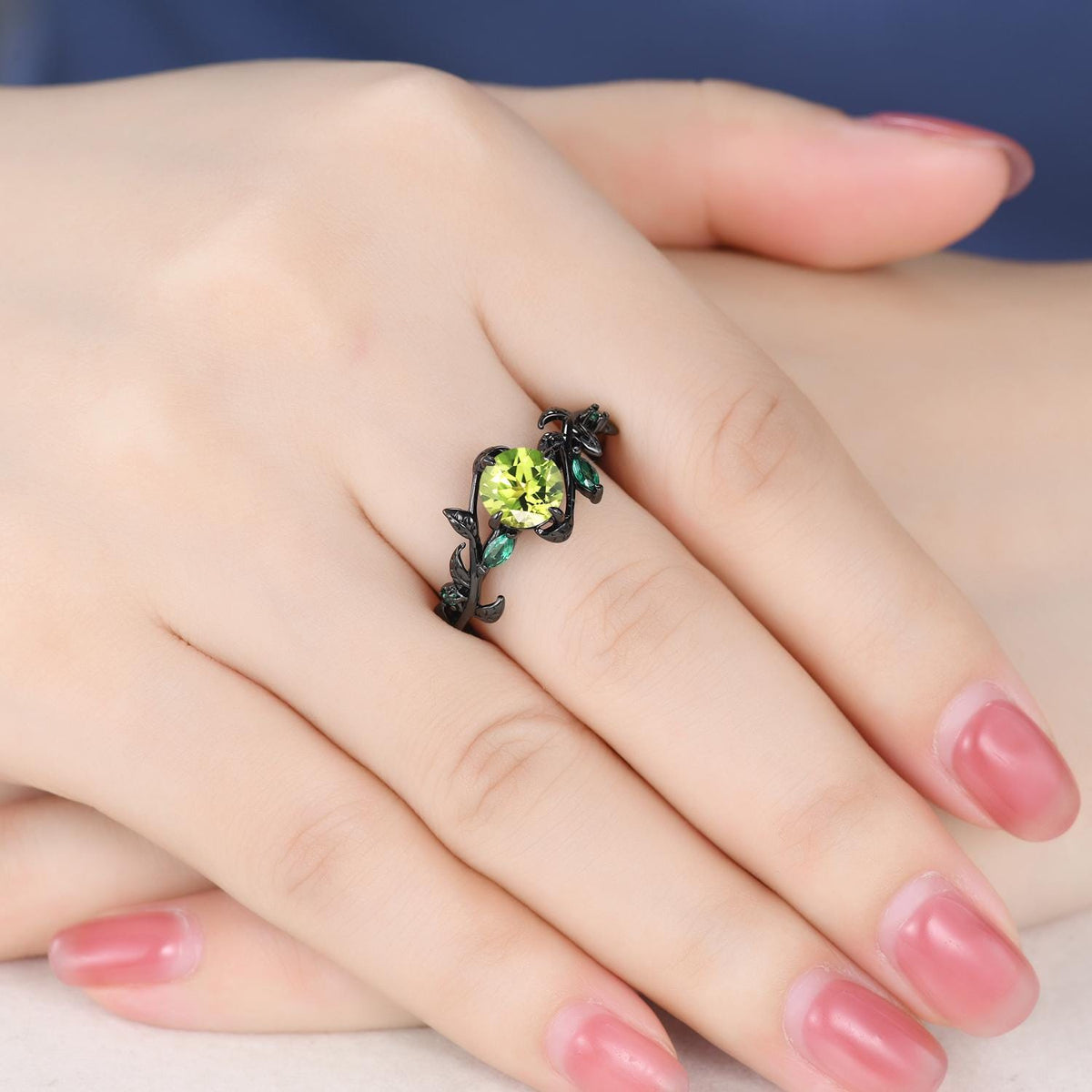 Gothic Couples Peridot Wedding Ring Set: 14K Black Gold Promise Rings
