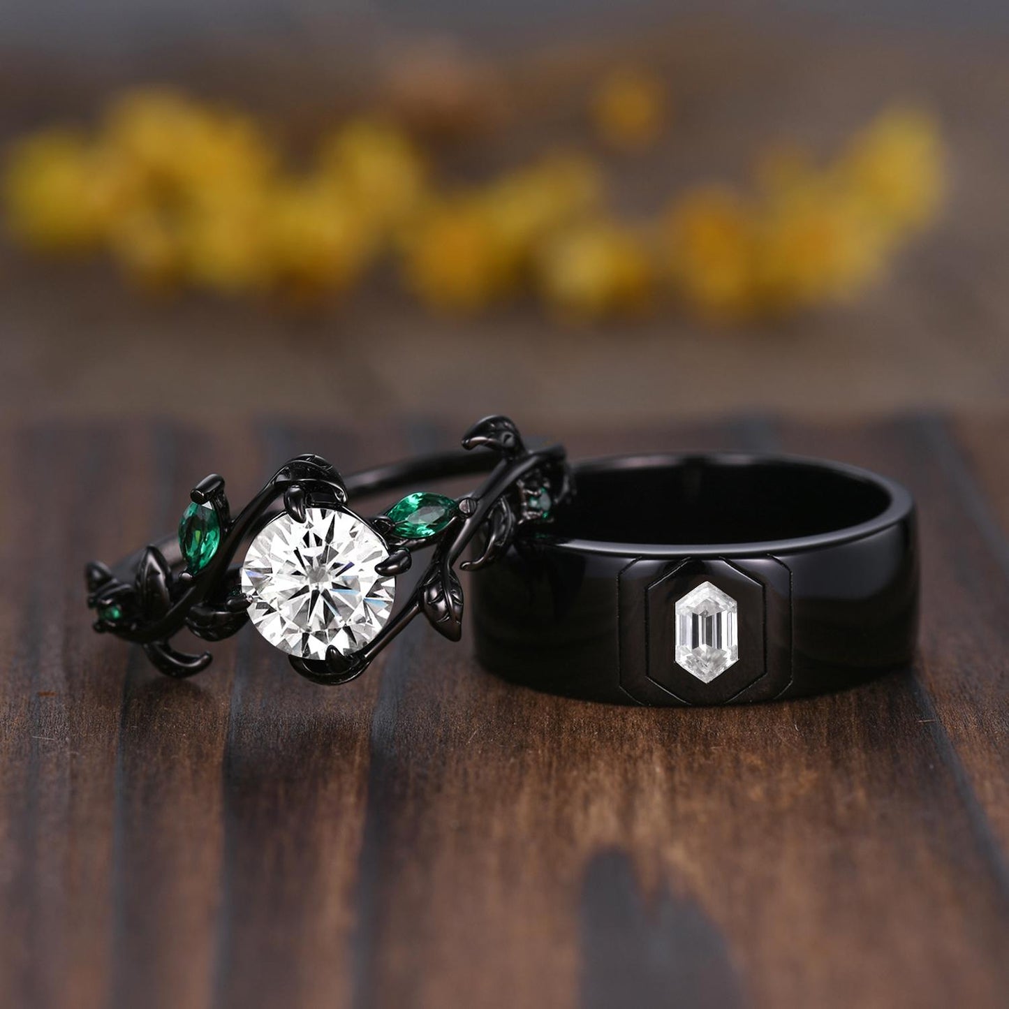 Gothic Couples Moissanite Engagement Ring Set: 14k Black Gold Leaf Band