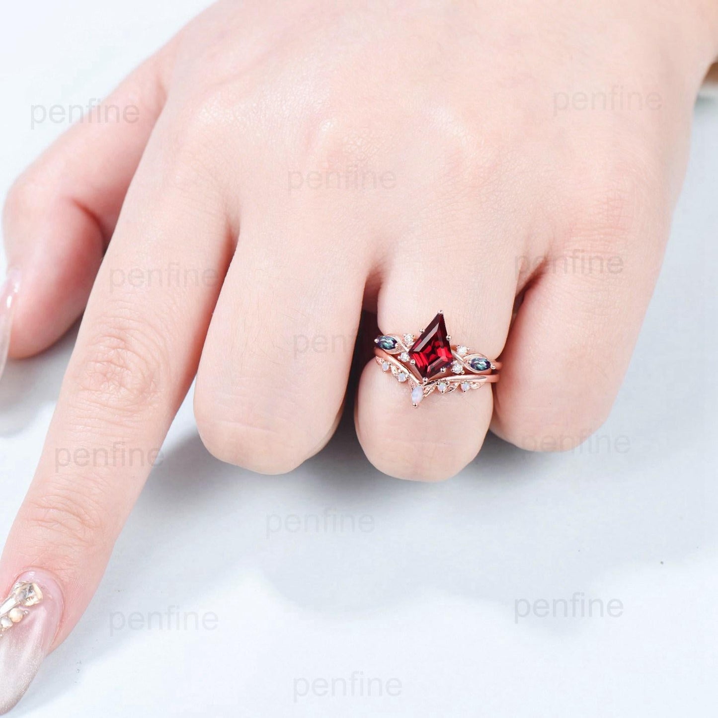 Kite Cut Ruby Ring Set, Marquise Alexandrite, Opal Stacking Band