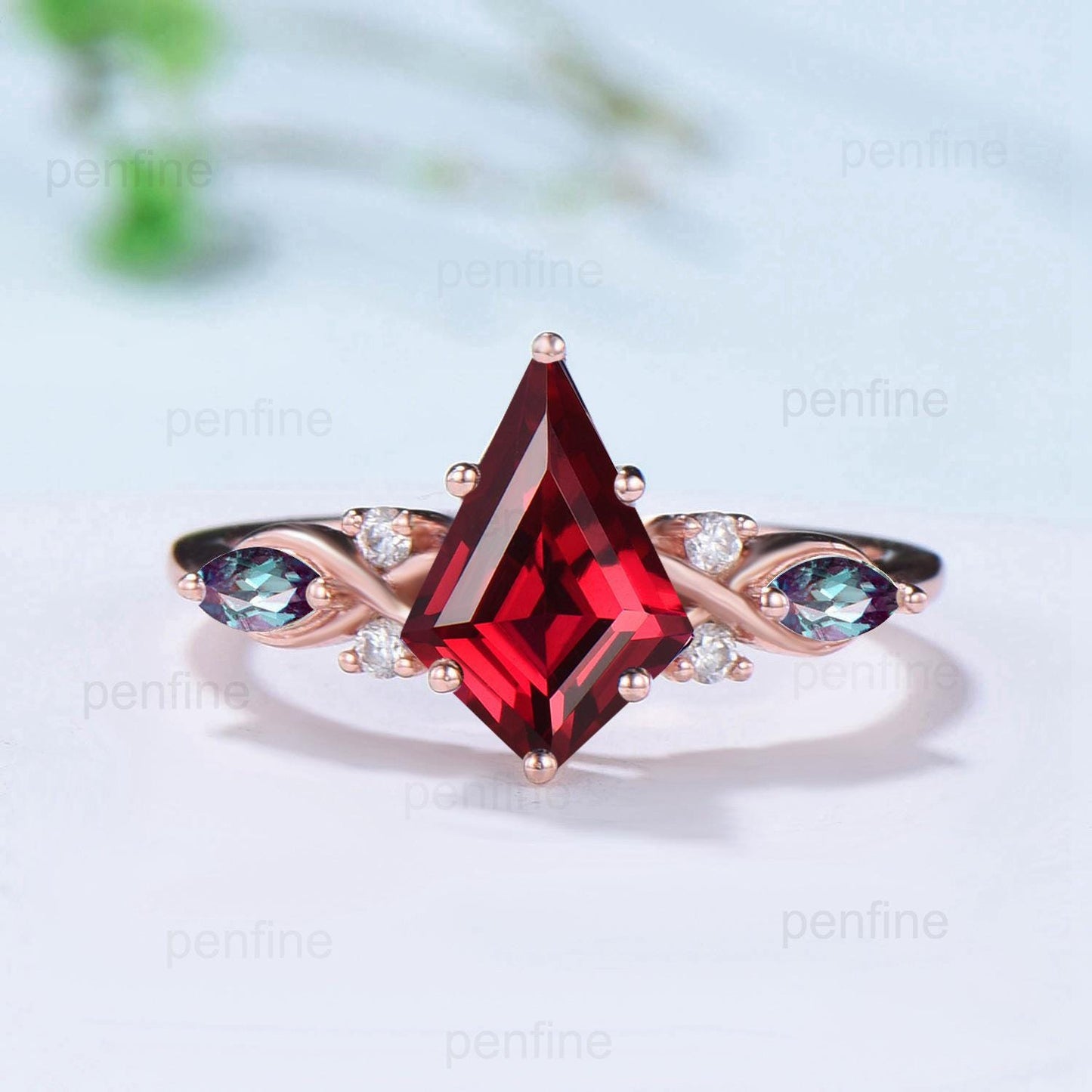 Kite Cut Ruby Ring Set, Marquise Alexandrite, Opal Stacking Band