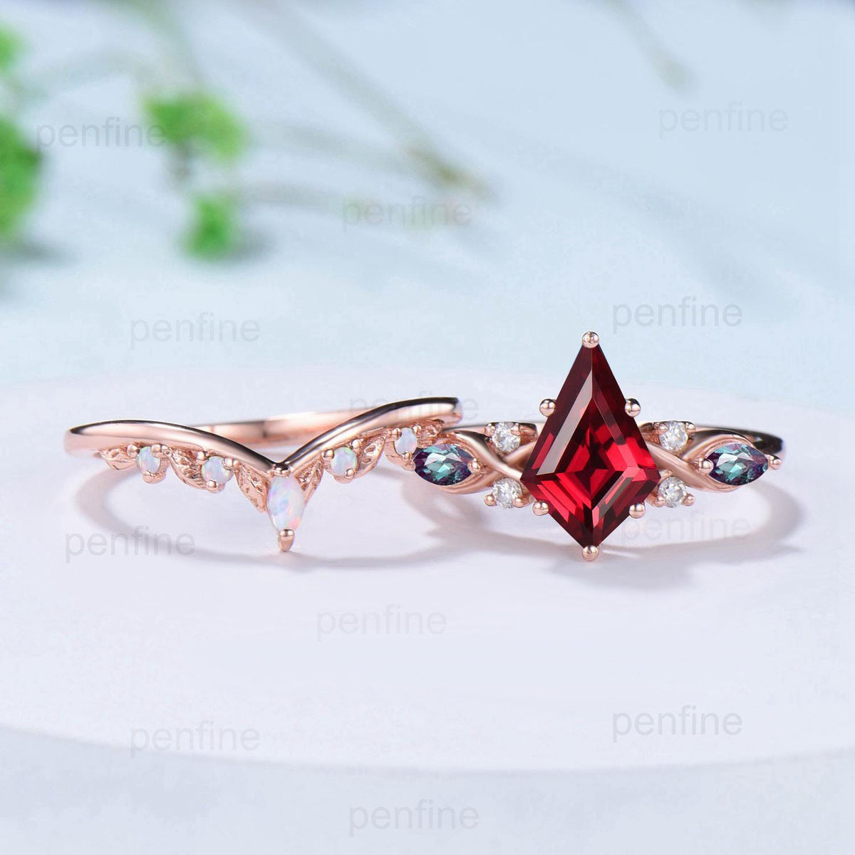 Kite Cut Ruby Ring Set, Marquise Alexandrite, Opal Stacking Band