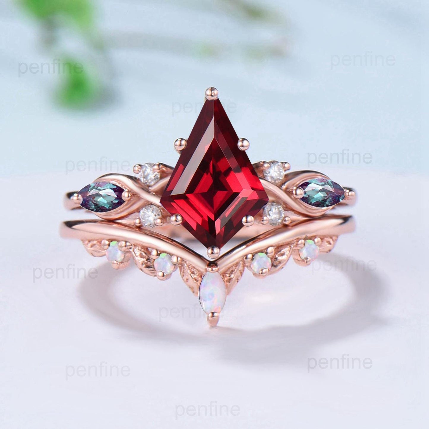 Kite Cut Ruby Ring Set, Marquise Alexandrite, Opal Stacking Band