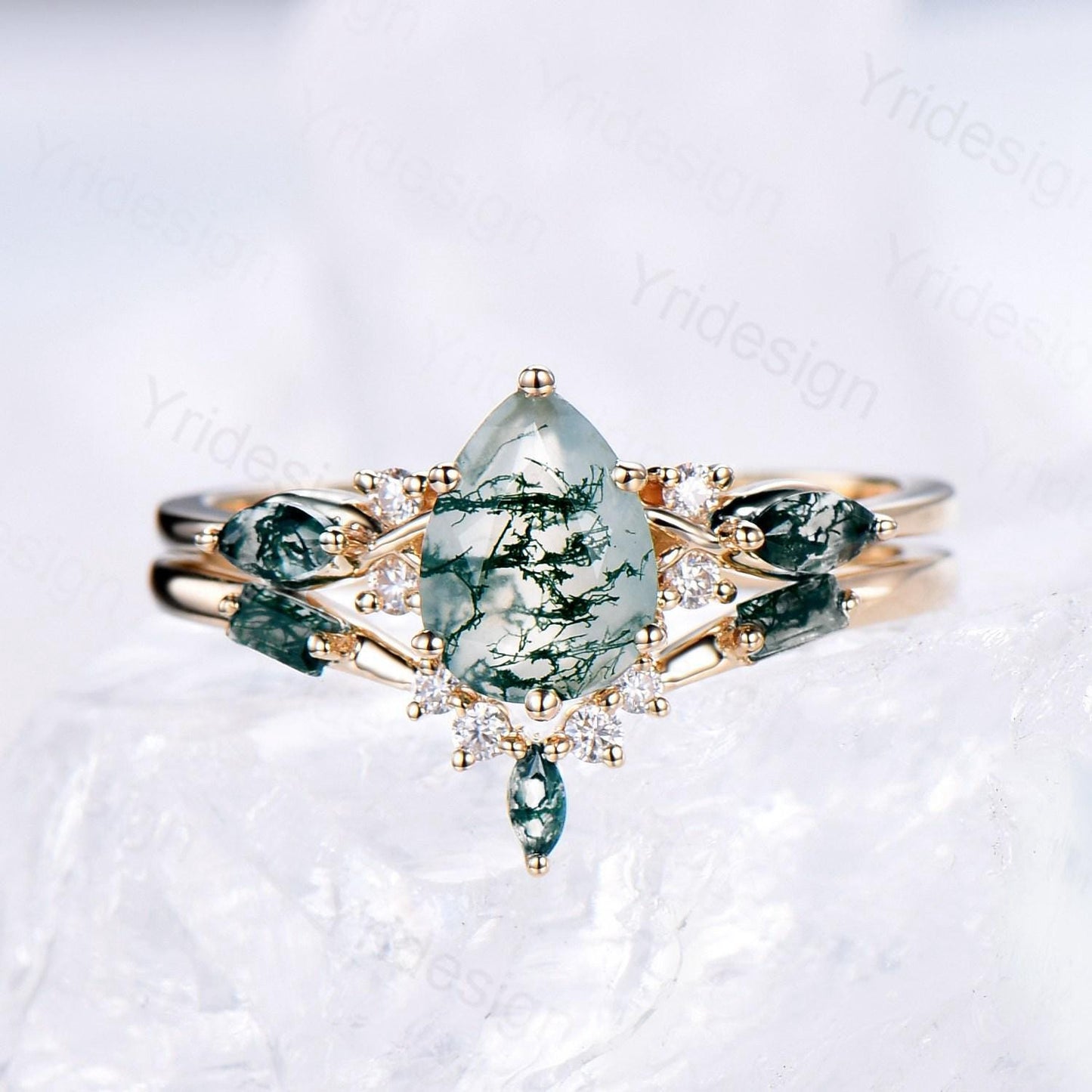 Solid 14K Yellow Gold Pear Shaped Natural Moss Agate Engagement Ring Set Unique Green Agate Agate Vine Art Deco Wedding Ring Set for Women