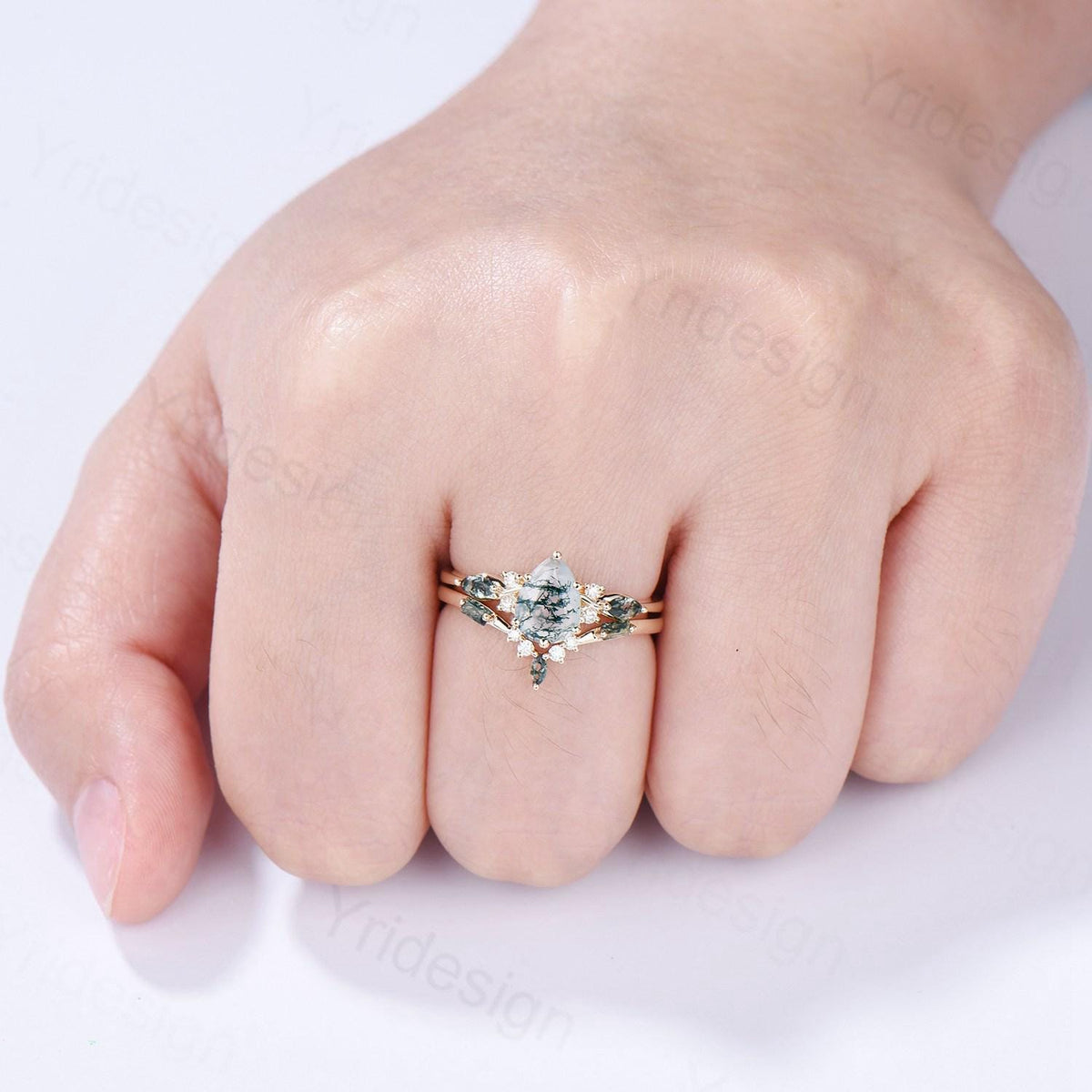 Solid 14K Yellow Gold Pear Shaped Natural Moss Agate Engagement Ring Set Unique Green Agate Agate Vine Art Deco Wedding Ring Set for Women
